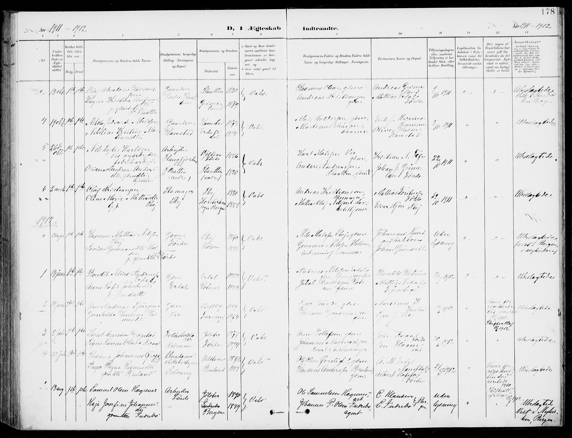 Førde sokneprestembete, AV/SAB-A-79901/H/Haa/Haab/L0002: Parish register (official) no. B  2, 1899-1920, p. 178