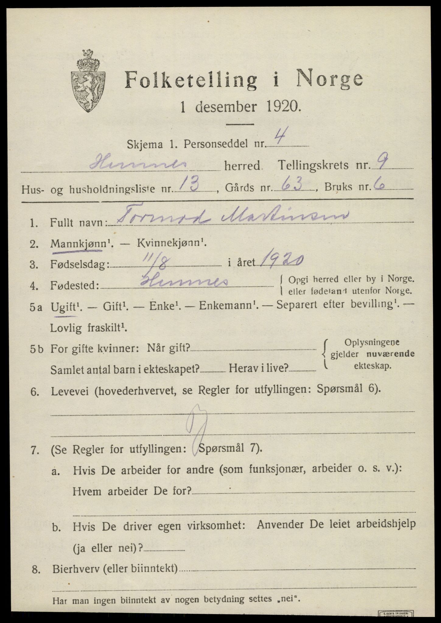 SAT, 1920 census for Hemnes, 1920, p. 8490