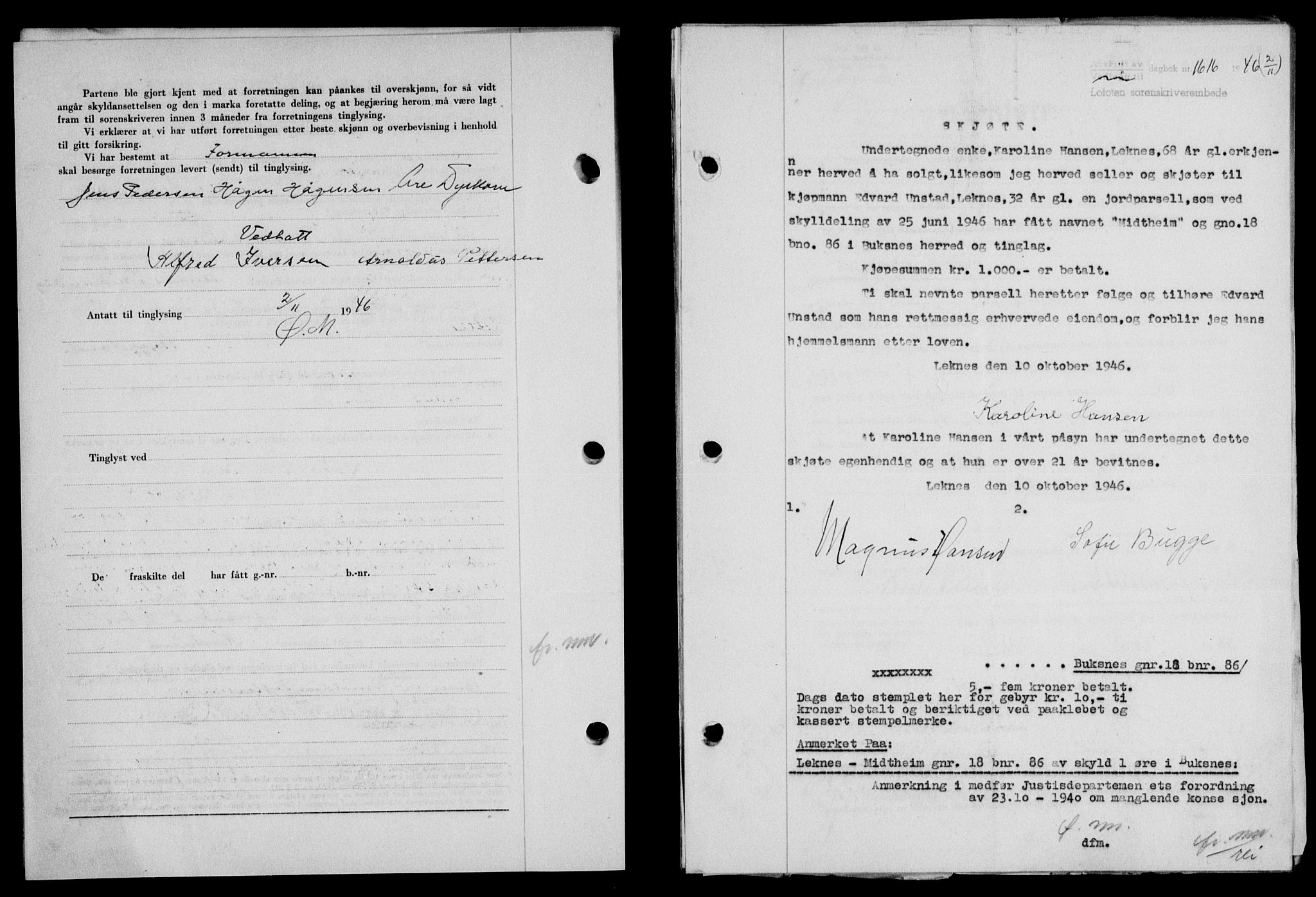 Lofoten sorenskriveri, SAT/A-0017/1/2/2C/L0015a: Mortgage book no. 15a, 1946-1947, Diary no: : 1616/1946