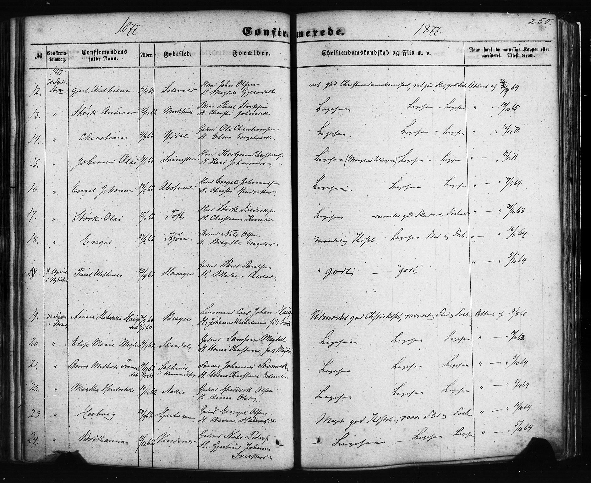 Fusa sokneprestembete, AV/SAB-A-75401/H/Haa: Parish register (official) no. A 1I, 1855-1879, p. 250