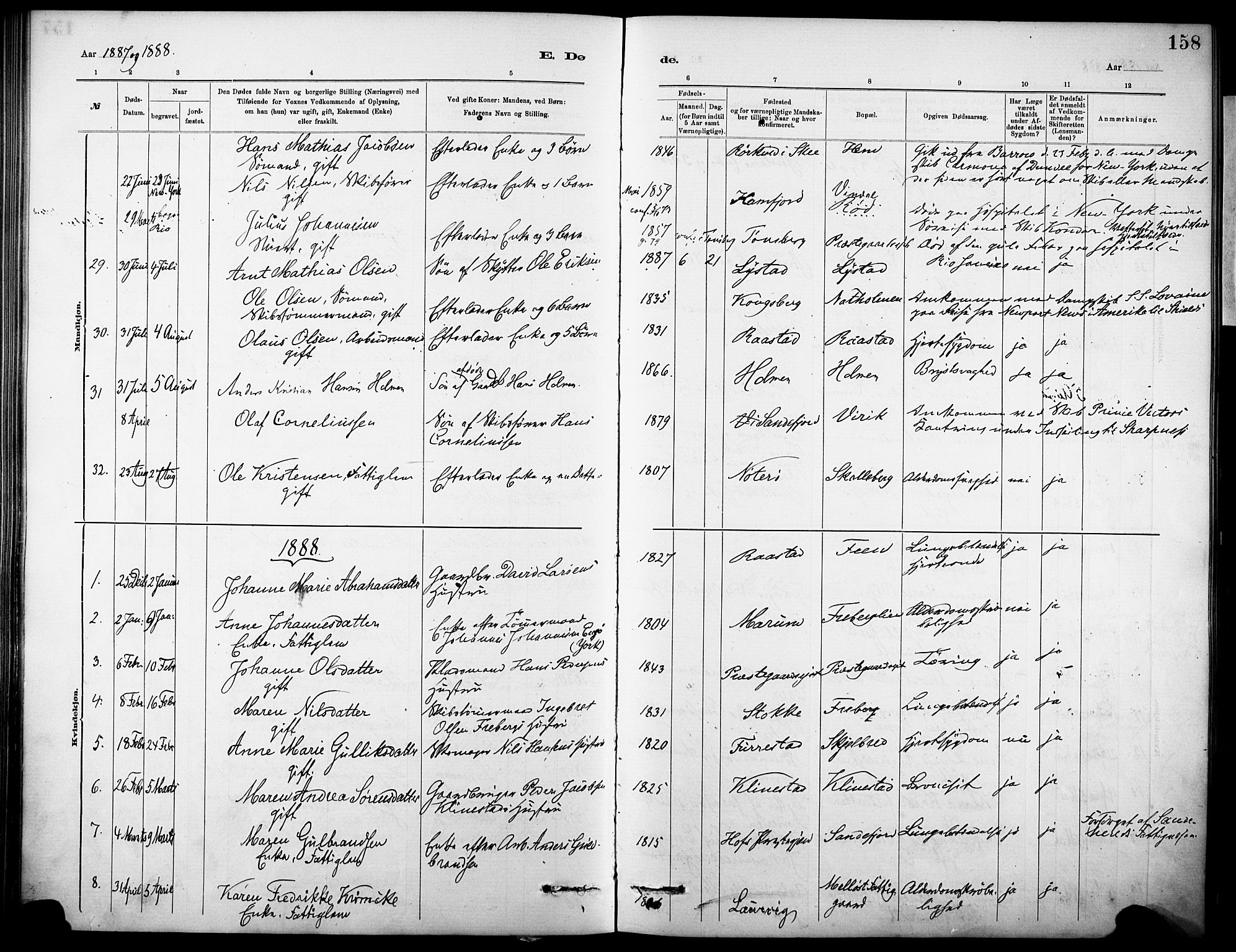 Sandar kirkebøker, SAKO/A-243/F/Fa/L0013: Parish register (official) no. 13, 1883-1895, p. 158