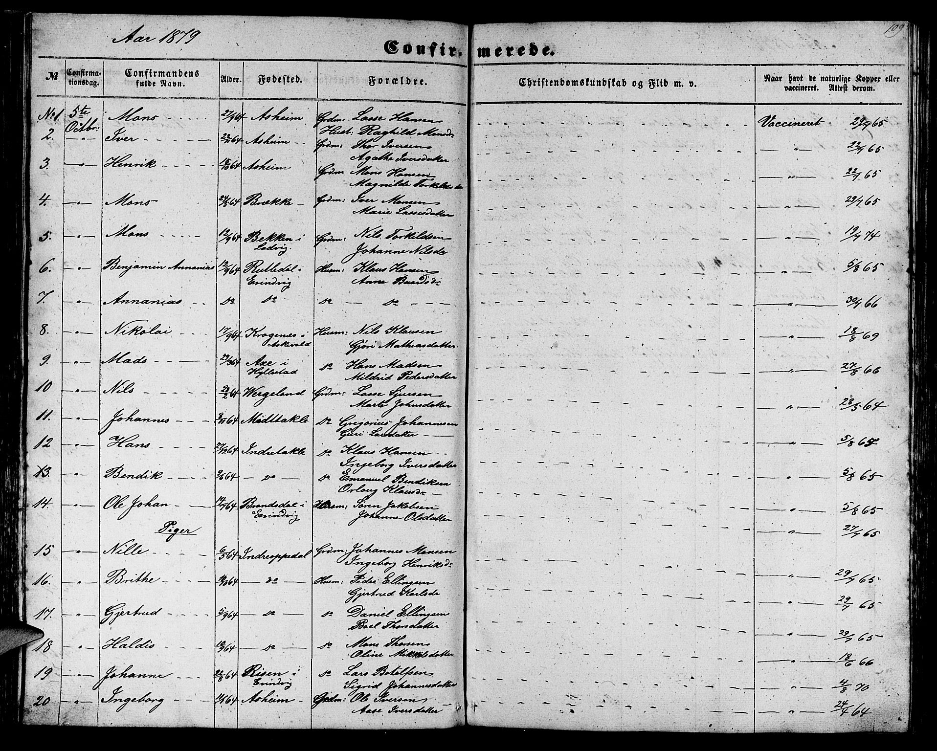 Gulen sokneprestembete, SAB/A-80201/H/Hab/Habc/L0001: Parish register (copy) no. C 1, 1853-1880, p. 109