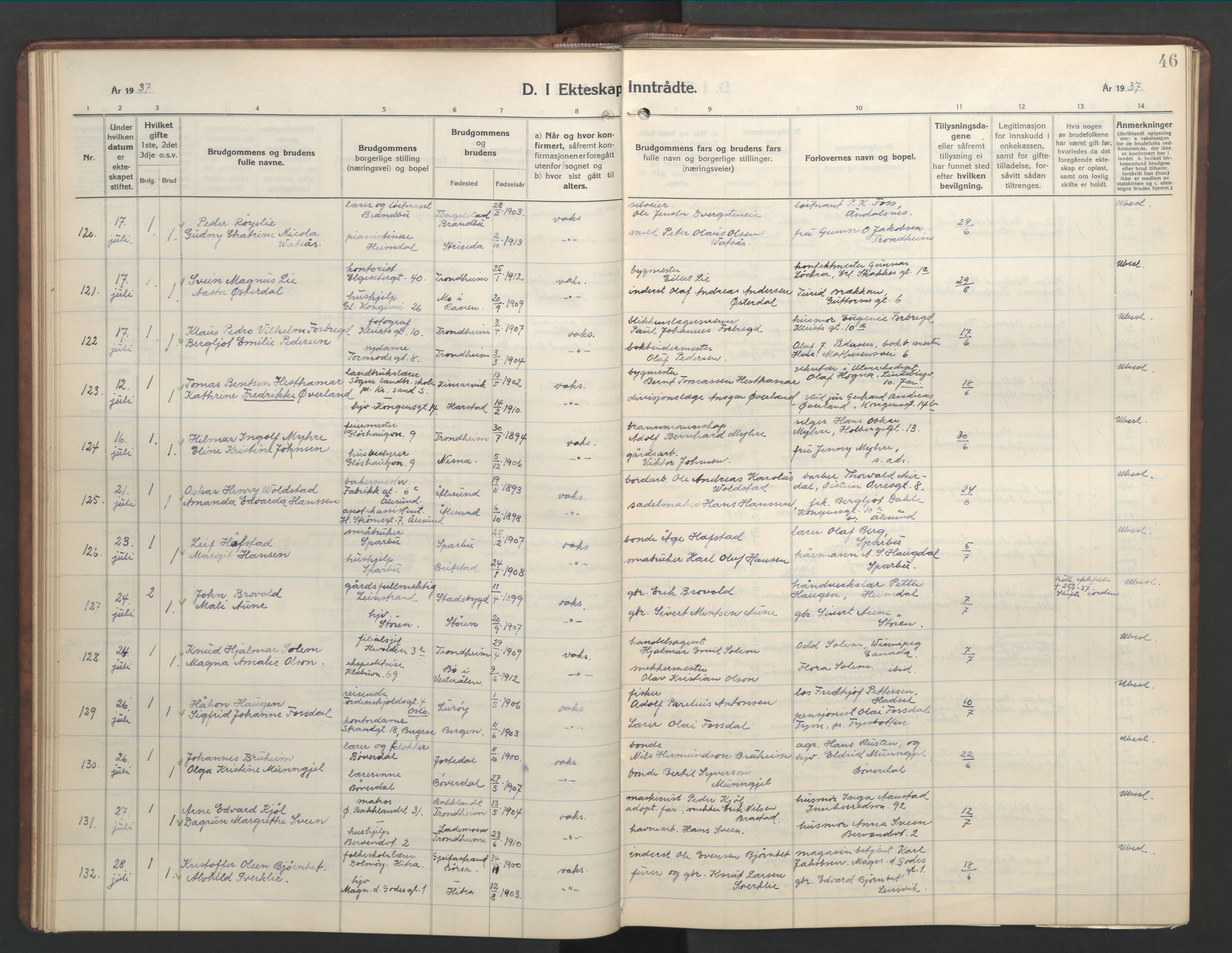 Ministerialprotokoller, klokkerbøker og fødselsregistre - Sør-Trøndelag, AV/SAT-A-1456/601/L0101: Parish register (copy) no. 601C19, 1935-1946, p. 46