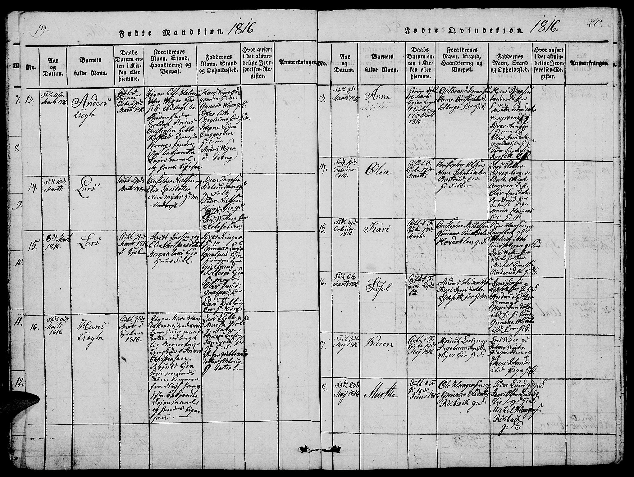 Vang prestekontor, Hedmark, SAH/PREST-008/H/Ha/Hab/L0005: Parish register (copy) no. 5, 1815-1836, p. 19-20