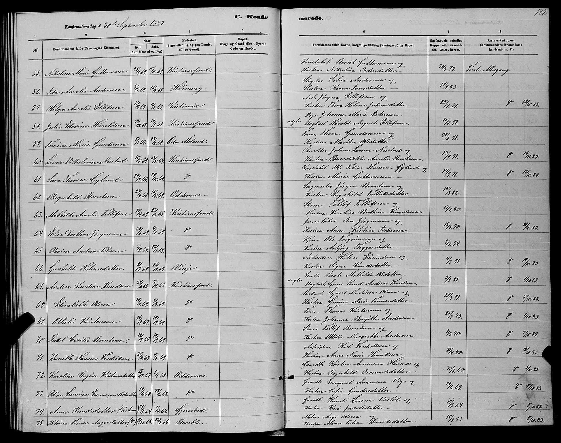 Kristiansand domprosti, SAK/1112-0006/F/Fb/L0016: Parish register (copy) no. B 16, 1881-1893, p. 182