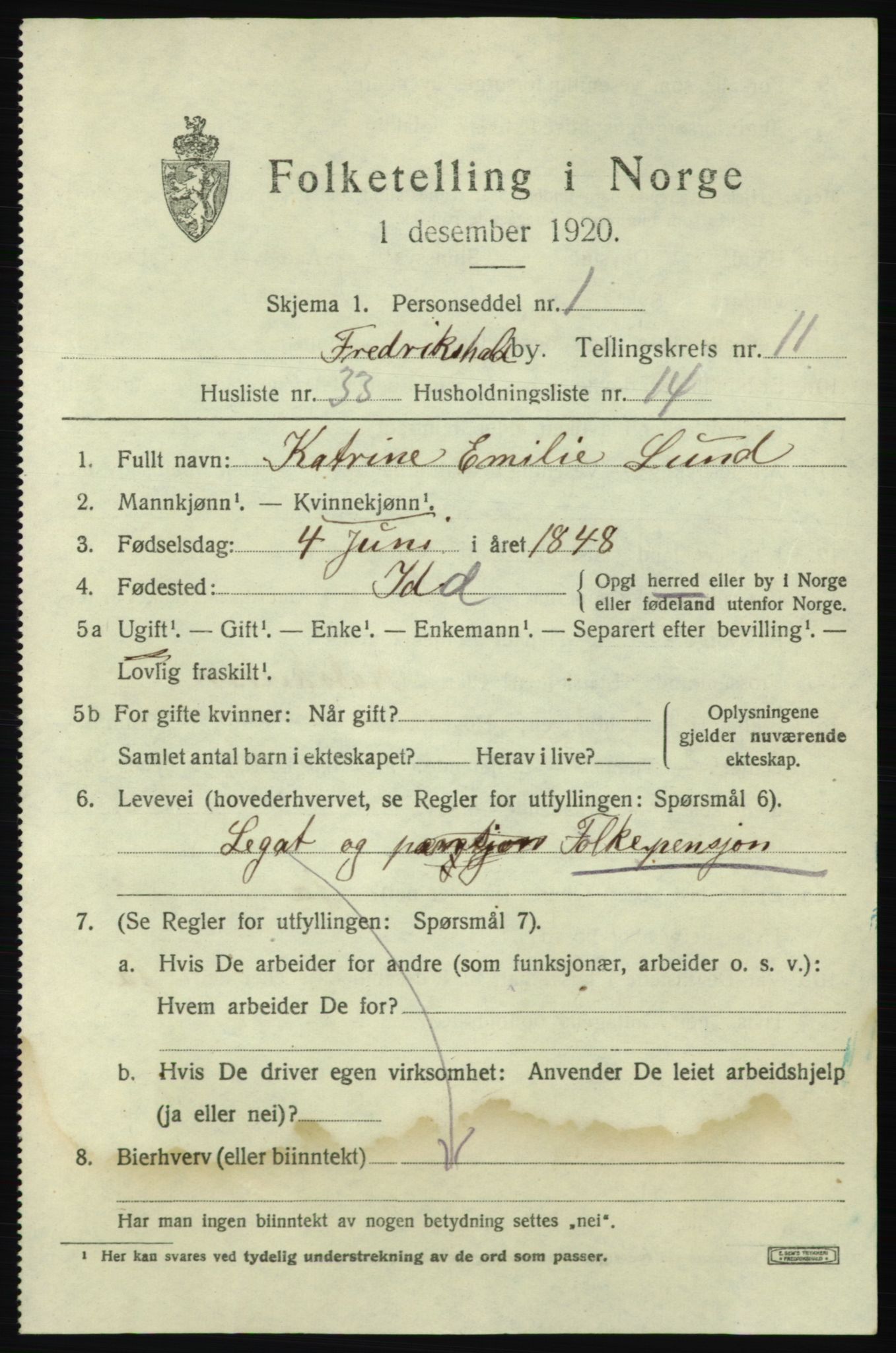 SAO, 1920 census for Fredrikshald, 1920, p. 19749