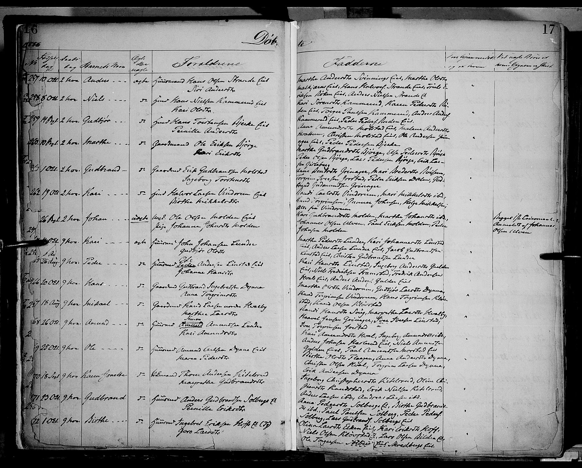 Gran prestekontor, SAH/PREST-112/H/Ha/Haa/L0012: Parish register (official) no. 12, 1856-1874, p. 16-17