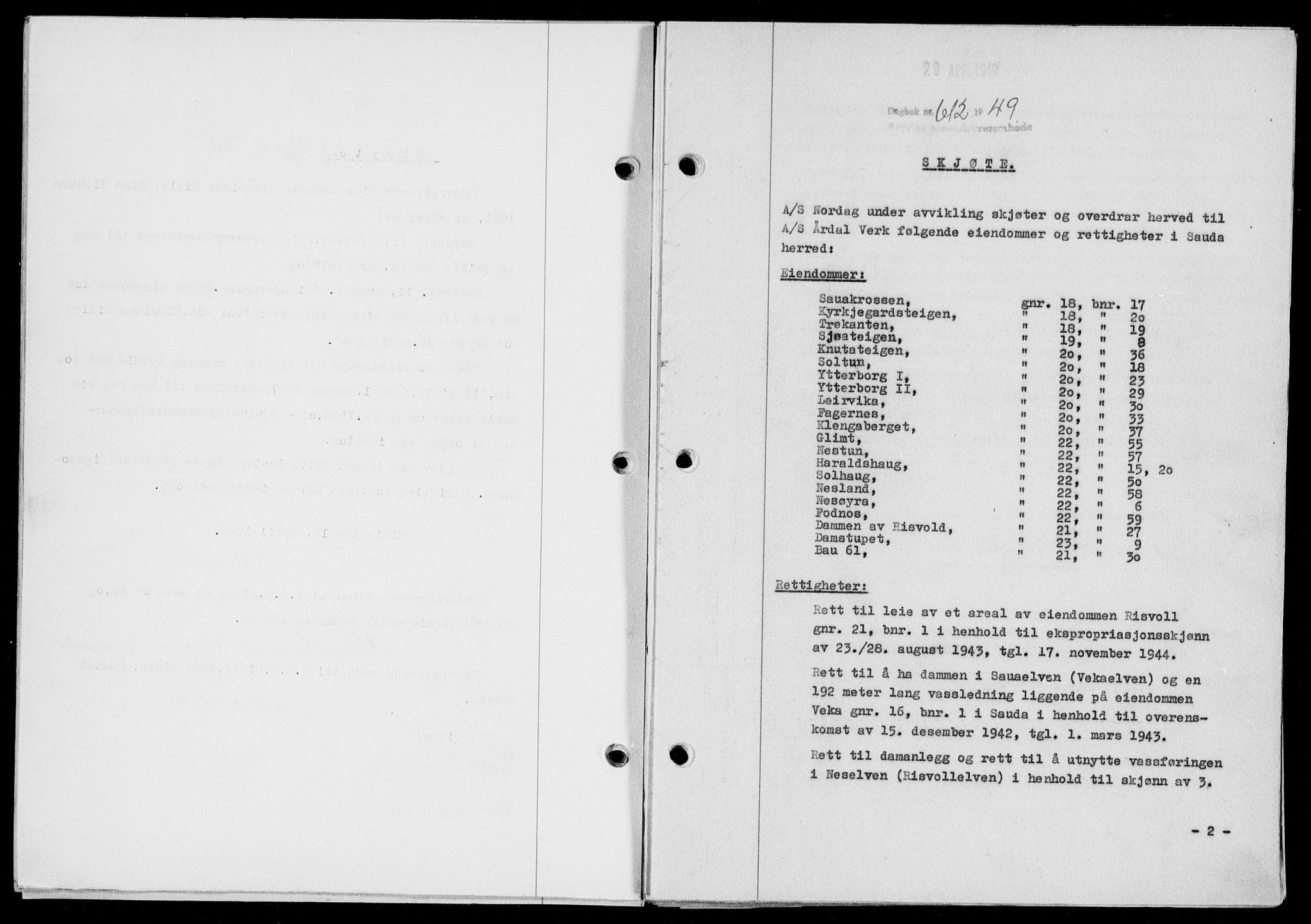 Ryfylke tingrett, AV/SAST-A-100055/001/II/IIB/L0104: Mortgage book no. 83, 1948-1949, Diary no: : 612/1949