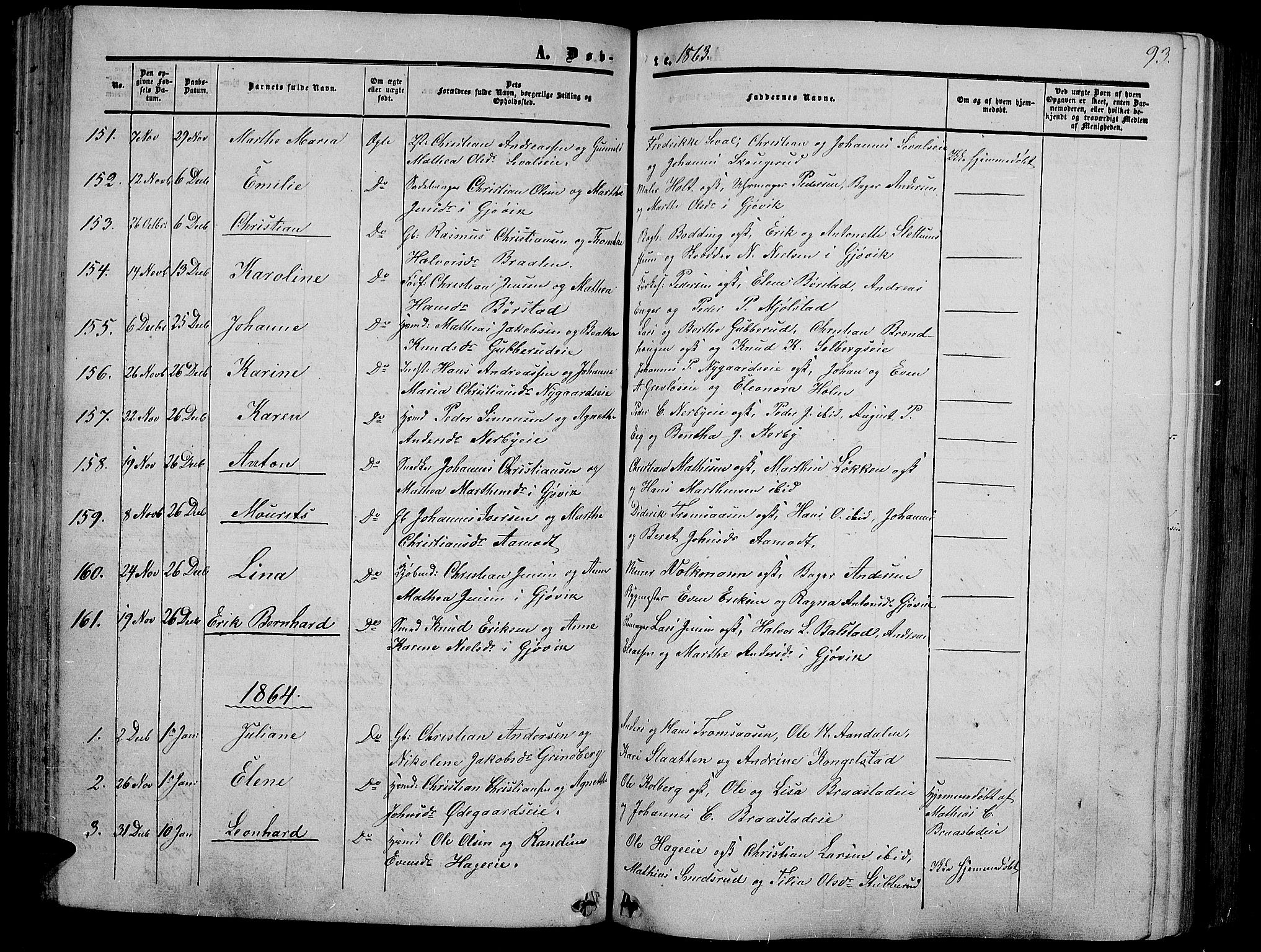 Vardal prestekontor, SAH/PREST-100/H/Ha/Hab/L0005: Parish register (copy) no. 5, 1854-1868, p. 93