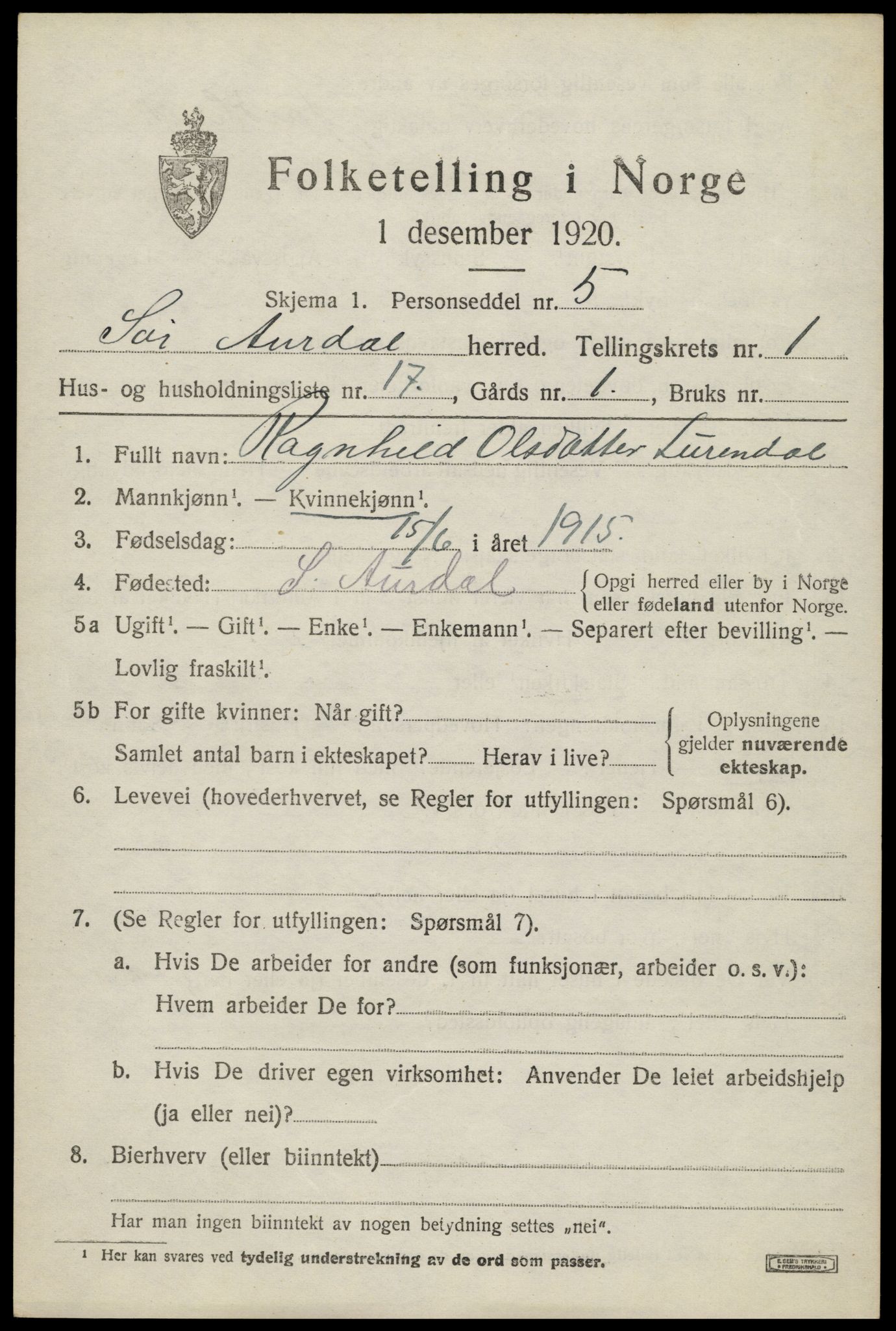 SAH, 1920 census for Sør-Aurdal, 1920, p. 1699