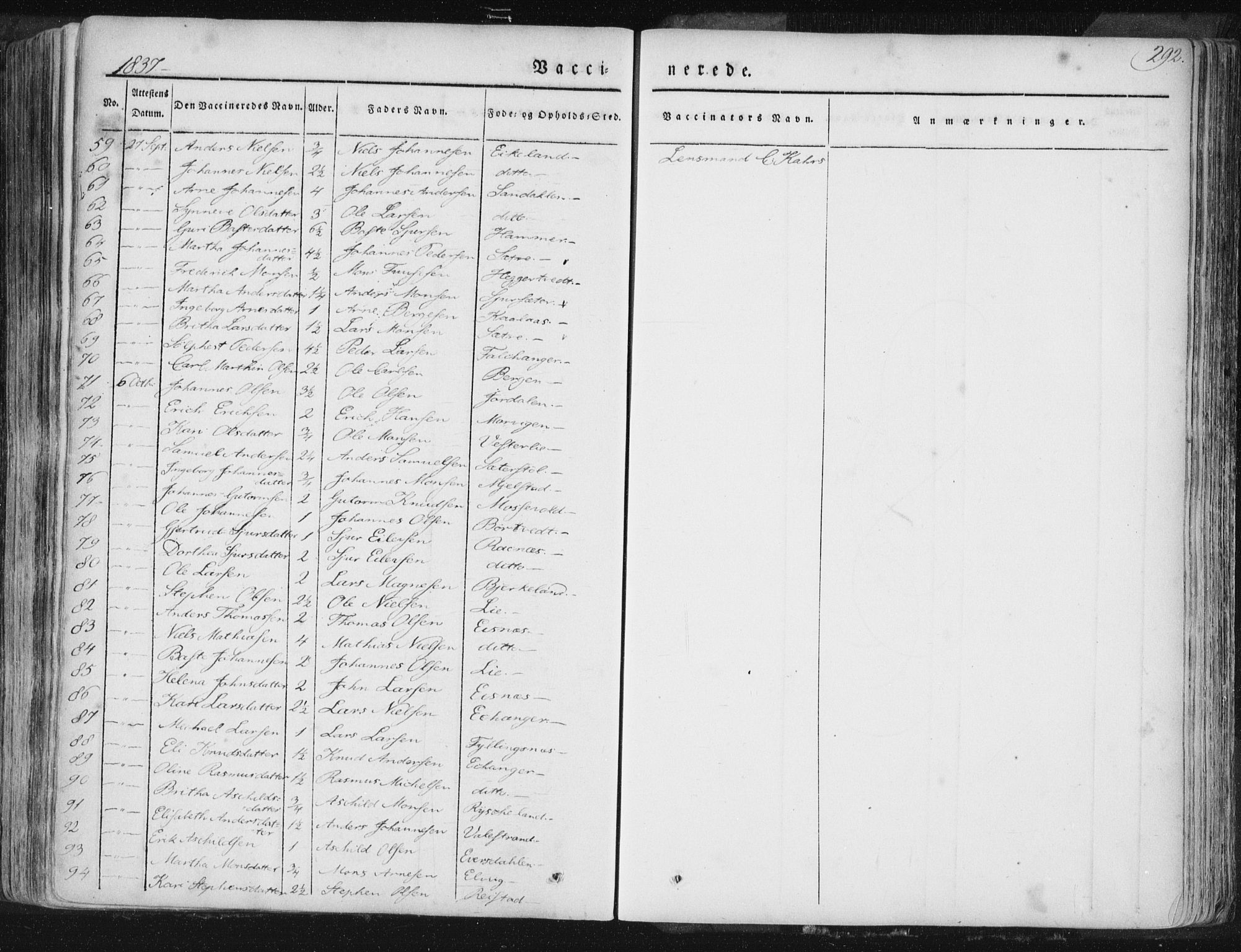 Hamre sokneprestembete, AV/SAB-A-75501/H/Ha/Haa/Haaa/L0012: Parish register (official) no. A 12, 1834-1845, p. 292