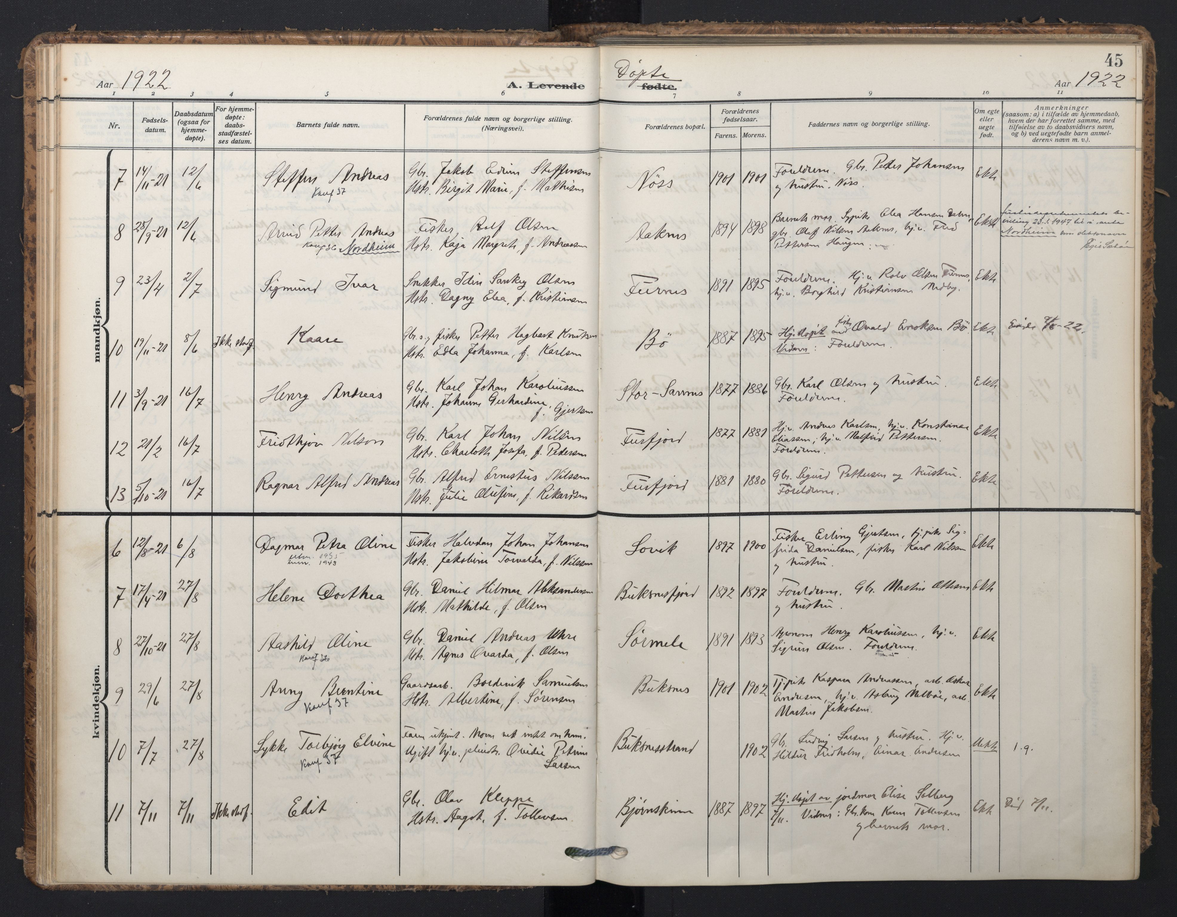 Ministerialprotokoller, klokkerbøker og fødselsregistre - Nordland, AV/SAT-A-1459/898/L1423: Parish register (official) no. 898A03, 1909-1928, p. 45