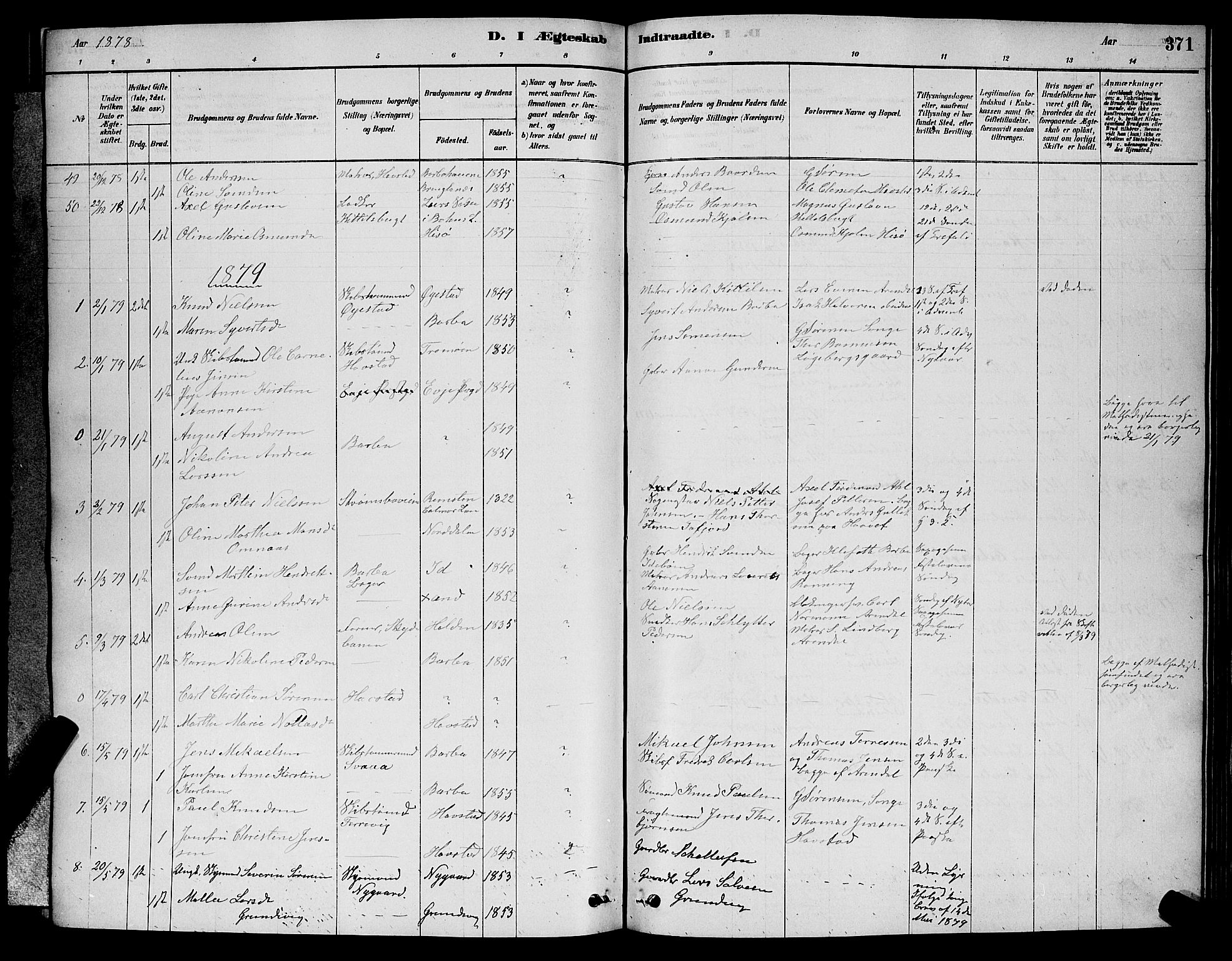 Barbu sokneprestkontor, AV/SAK-1111-0003/F/Fb/L0001: Parish register (copy) no. B 1, 1878-1890, p. 371