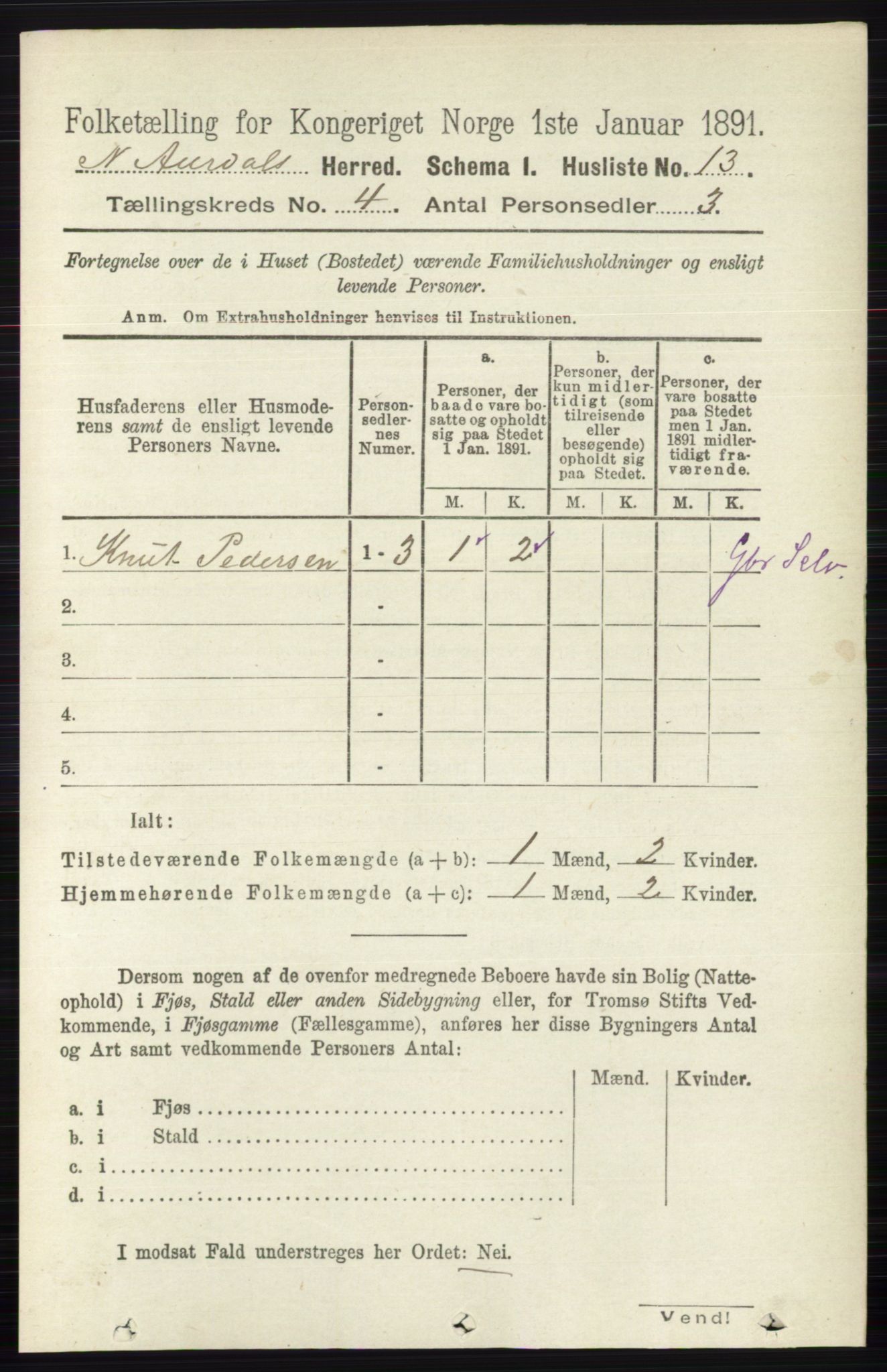 RA, 1891 census for 0542 Nord-Aurdal, 1891, p. 1161