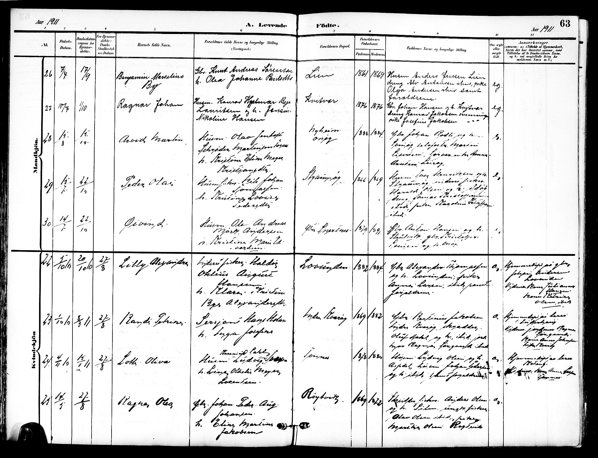 Ministerialprotokoller, klokkerbøker og fødselsregistre - Nordland, SAT/A-1459/839/L0569: Parish register (official) no. 839A06, 1903-1922, p. 63