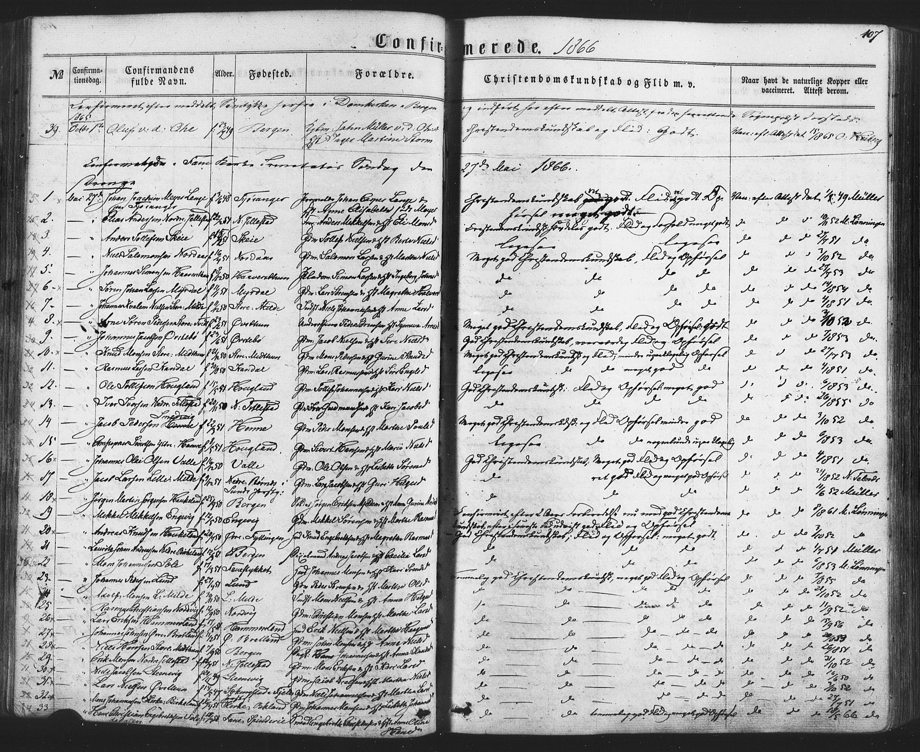Fana Sokneprestembete, SAB/A-75101/H/Haa/Haaa/L0012: Parish register (official) no. A 12, 1862-1878, p. 107