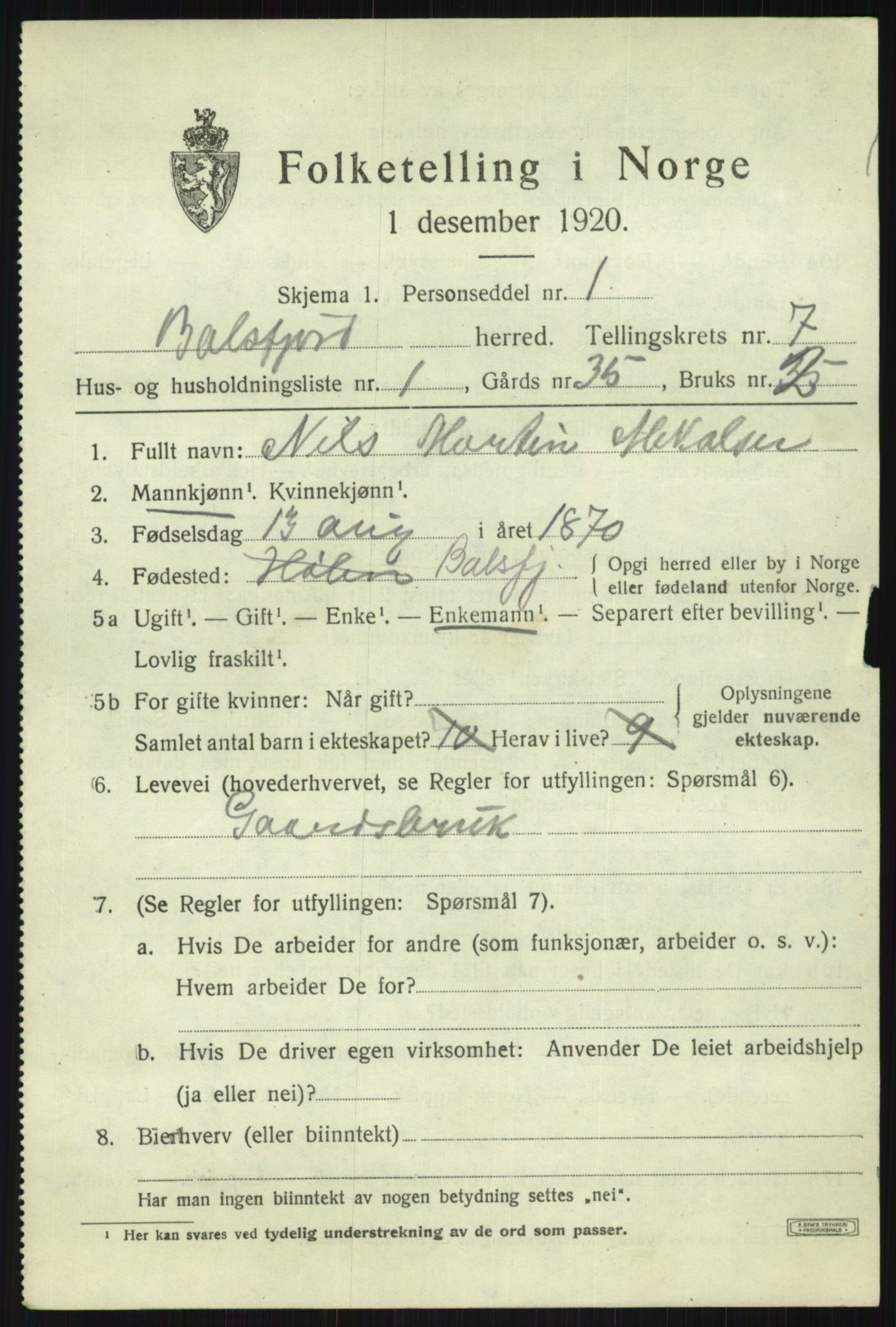 SATØ, 1920 census for Balsfjord, 1920, p. 4156