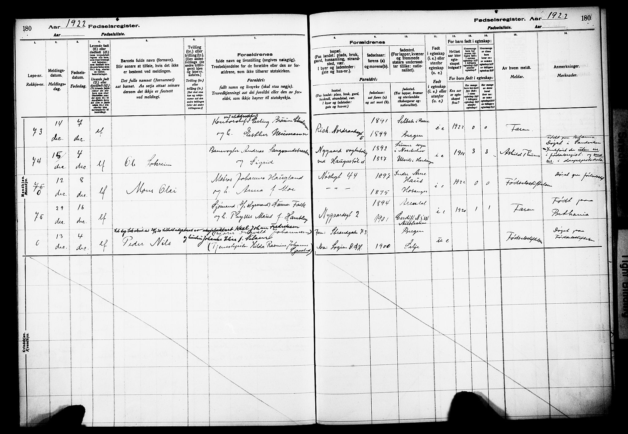 Domkirken sokneprestembete, AV/SAB-A-74801/I/Id/L00A1: Birth register no. A 1, 1916-1923, p. 180