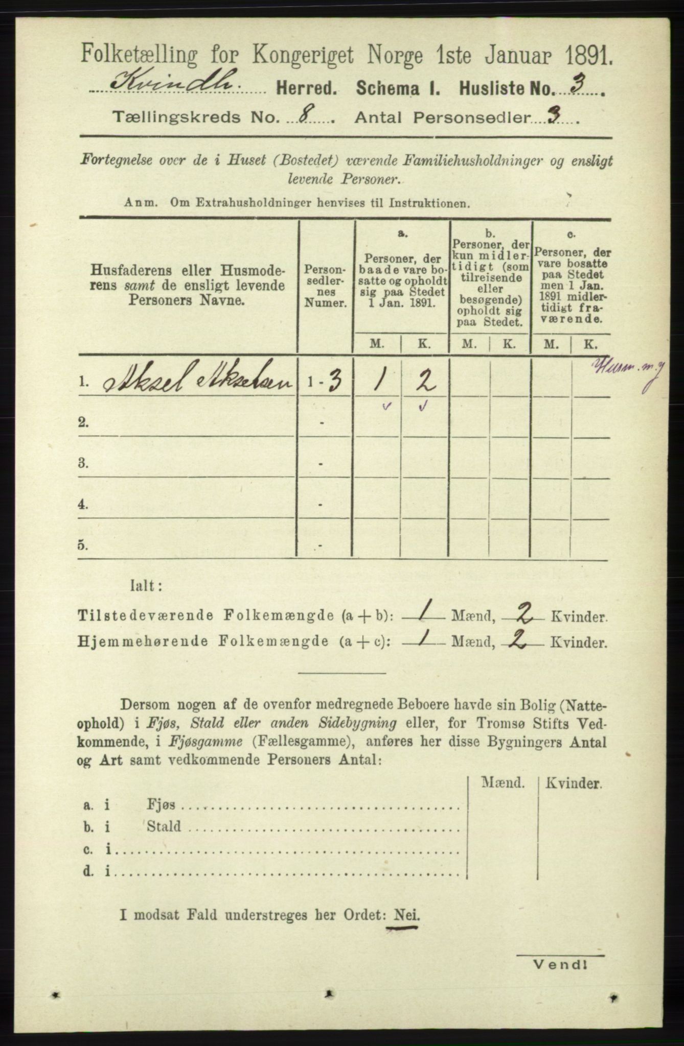 RA, 1891 census for 1224 Kvinnherad, 1891, p. 2924