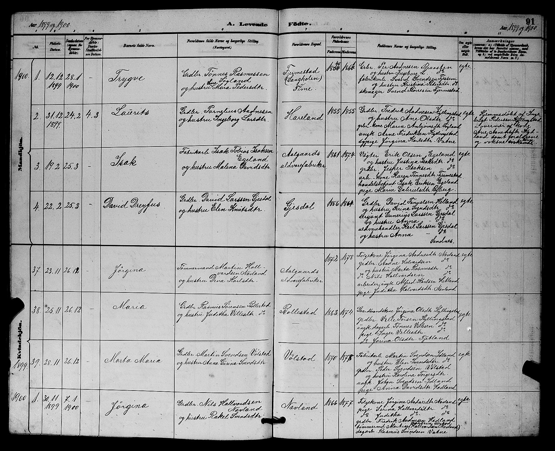 Lye sokneprestkontor, SAST/A-101794/001/30BB/L0008: Parish register (copy) no. B 7, 1887-1901, p. 91
