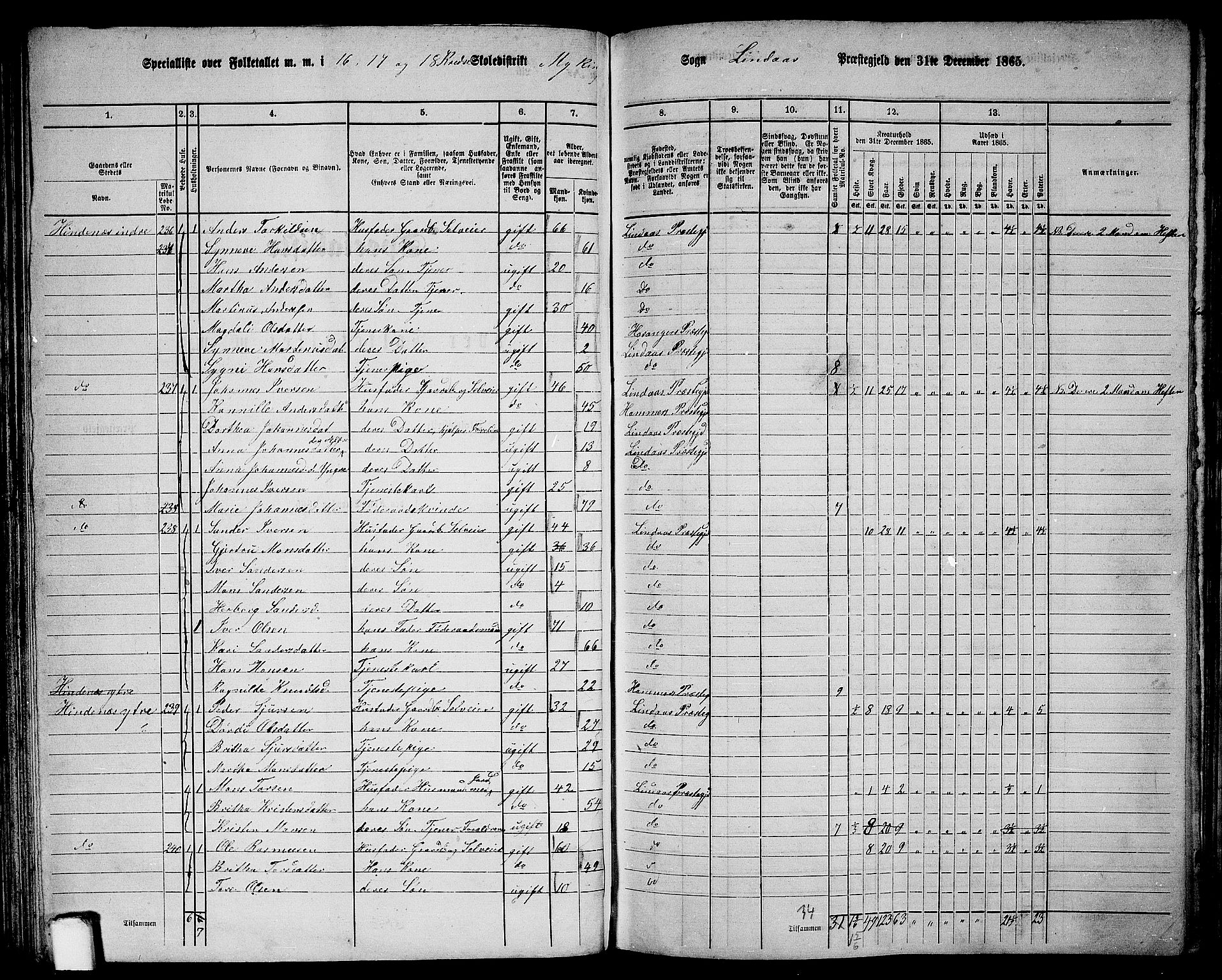 RA, 1865 census for Lindås, 1865, p. 117