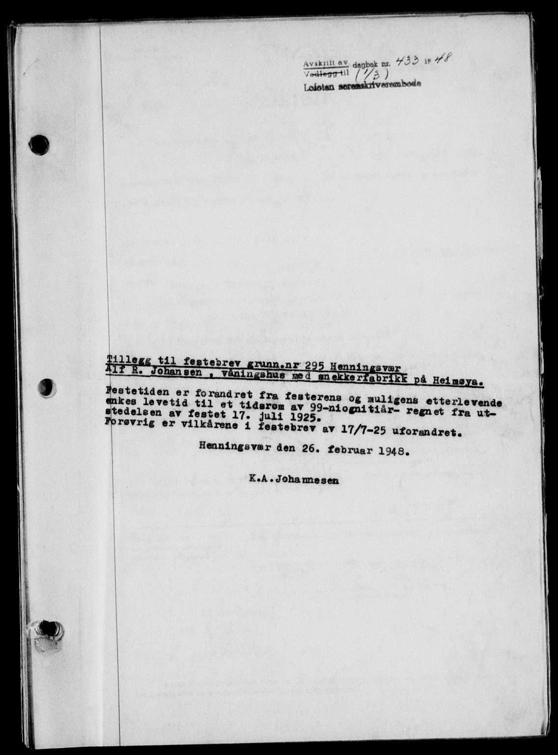 Lofoten sorenskriveri, SAT/A-0017/1/2/2C/L0018a: Mortgage book no. 18a, 1948-1948, Diary no: : 433/1948