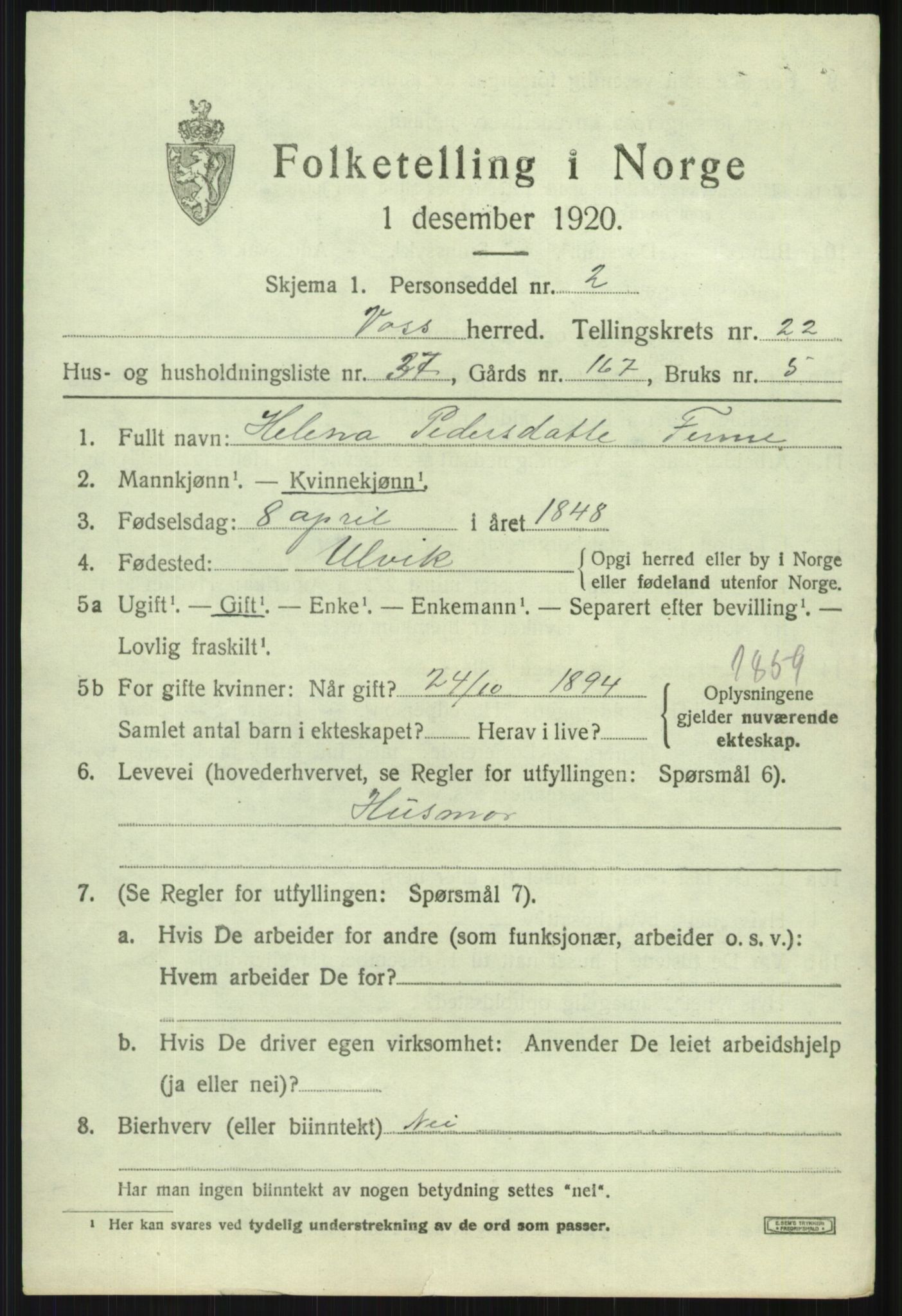 SAB, 1920 census for Voss, 1920, p. 15627