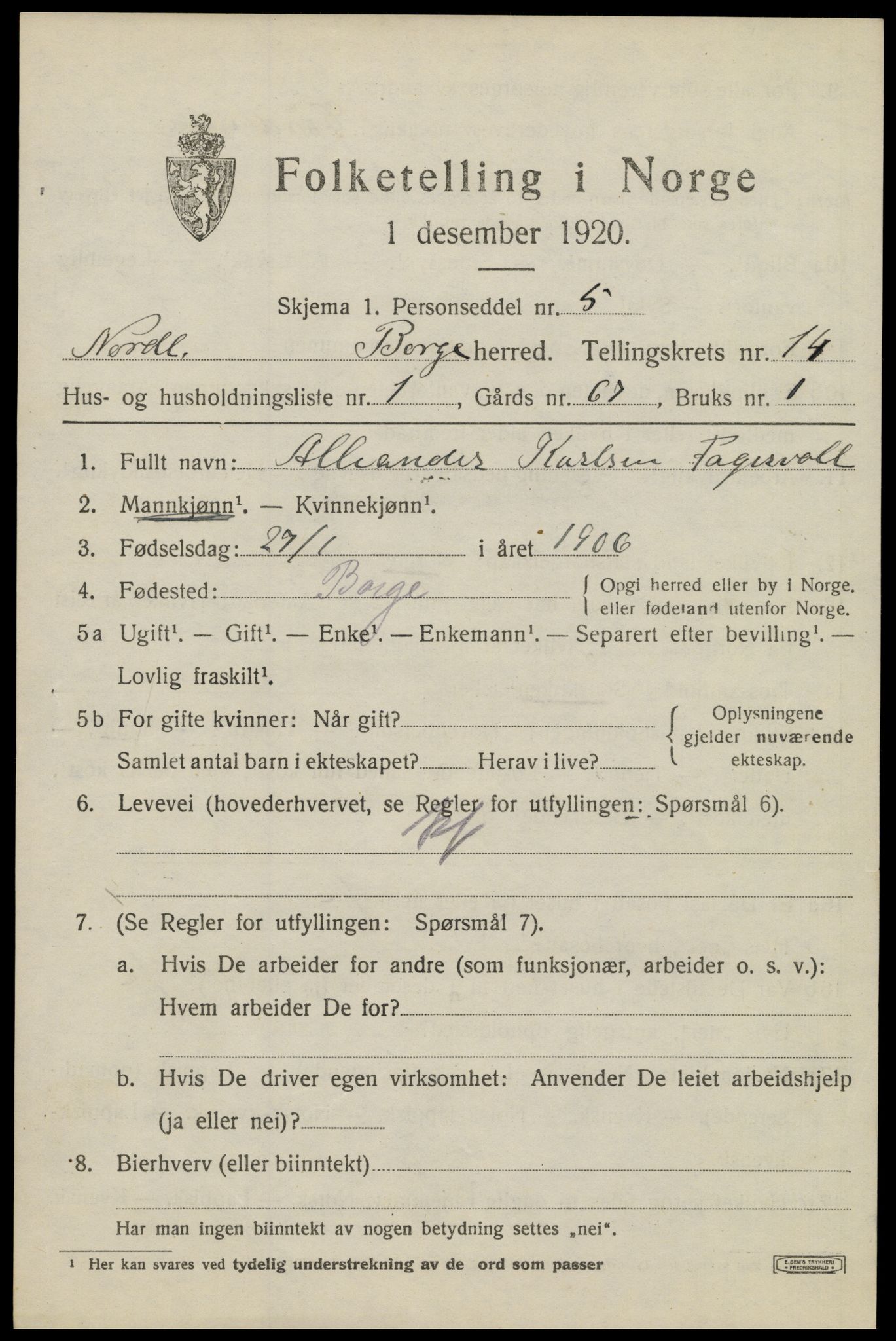 SAT, 1920 census for Borge, 1920, p. 10615