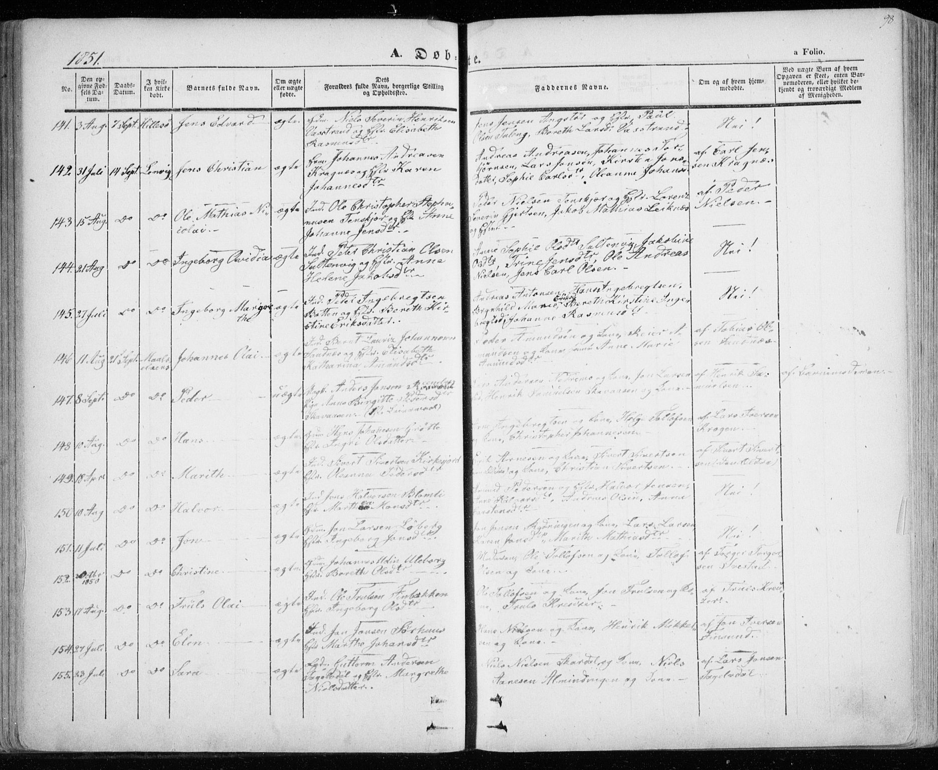 Lenvik sokneprestembete, AV/SATØ-S-1310/H/Ha/Haa/L0006kirke: Parish register (official) no. 6, 1845-1854, p. 98