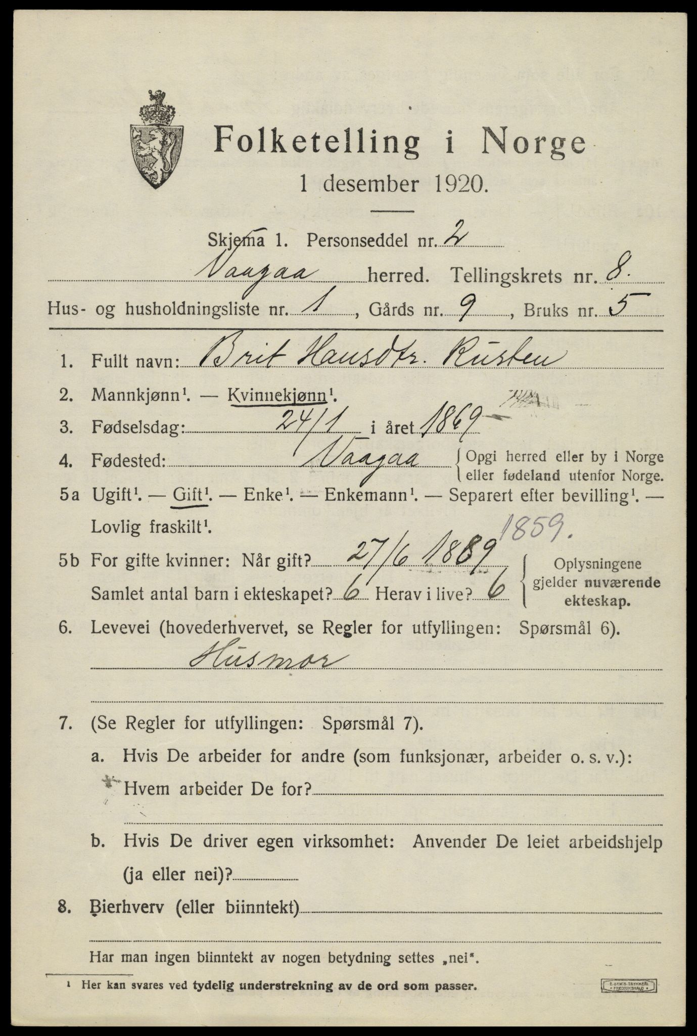 SAH, 1920 census for Vågå, 1920, p. 5982