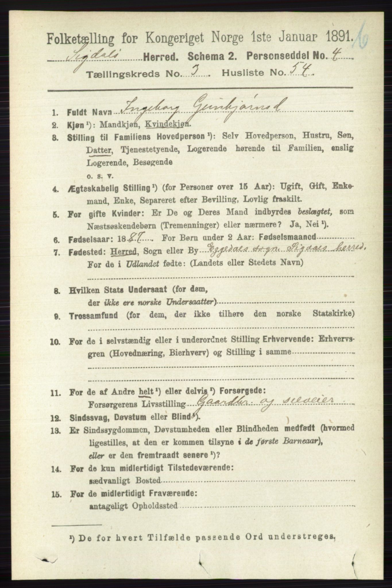RA, 1891 census for 0621 Sigdal, 1891, p. 4604