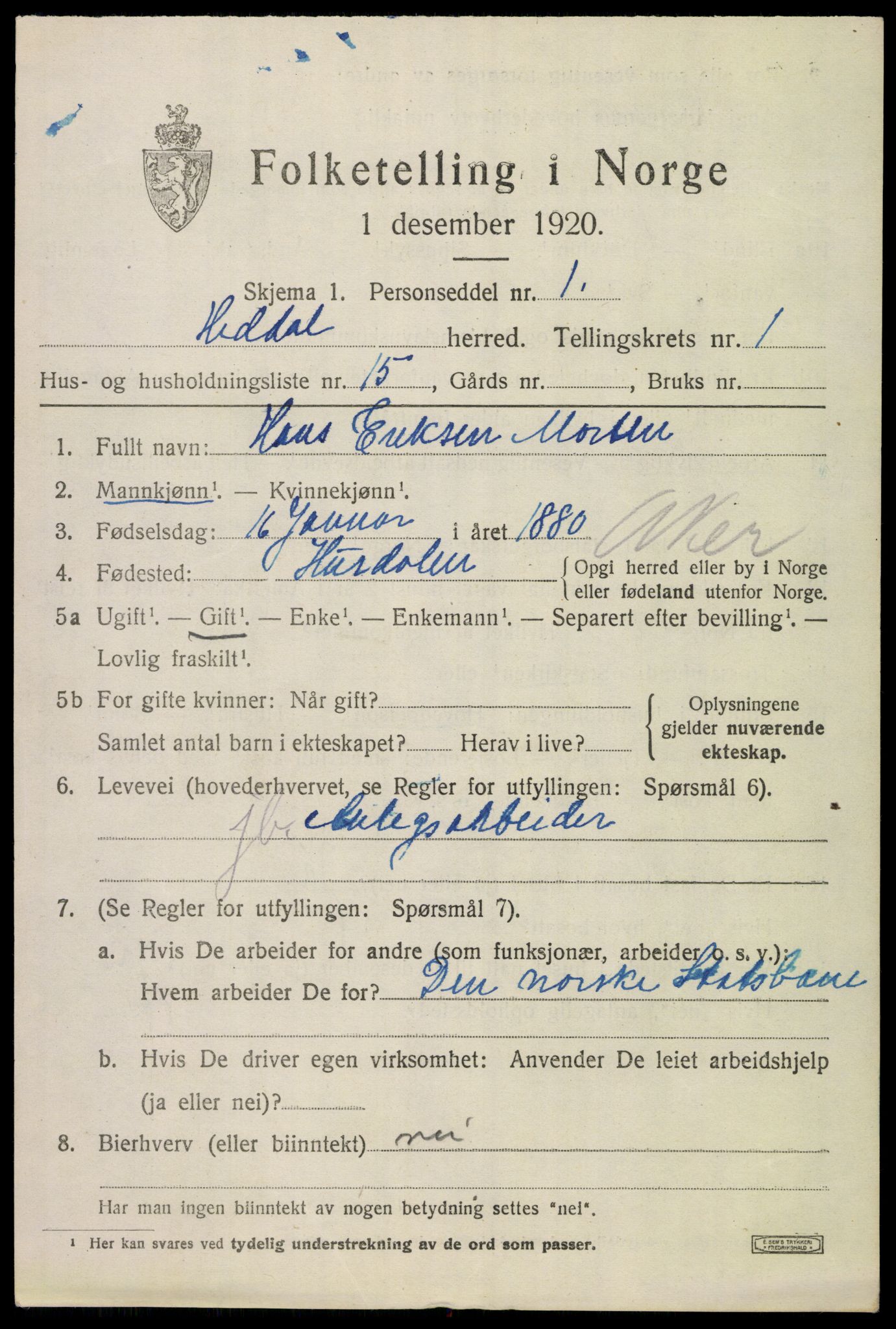 SAKO, 1920 census for Heddal, 1920, p. 1552