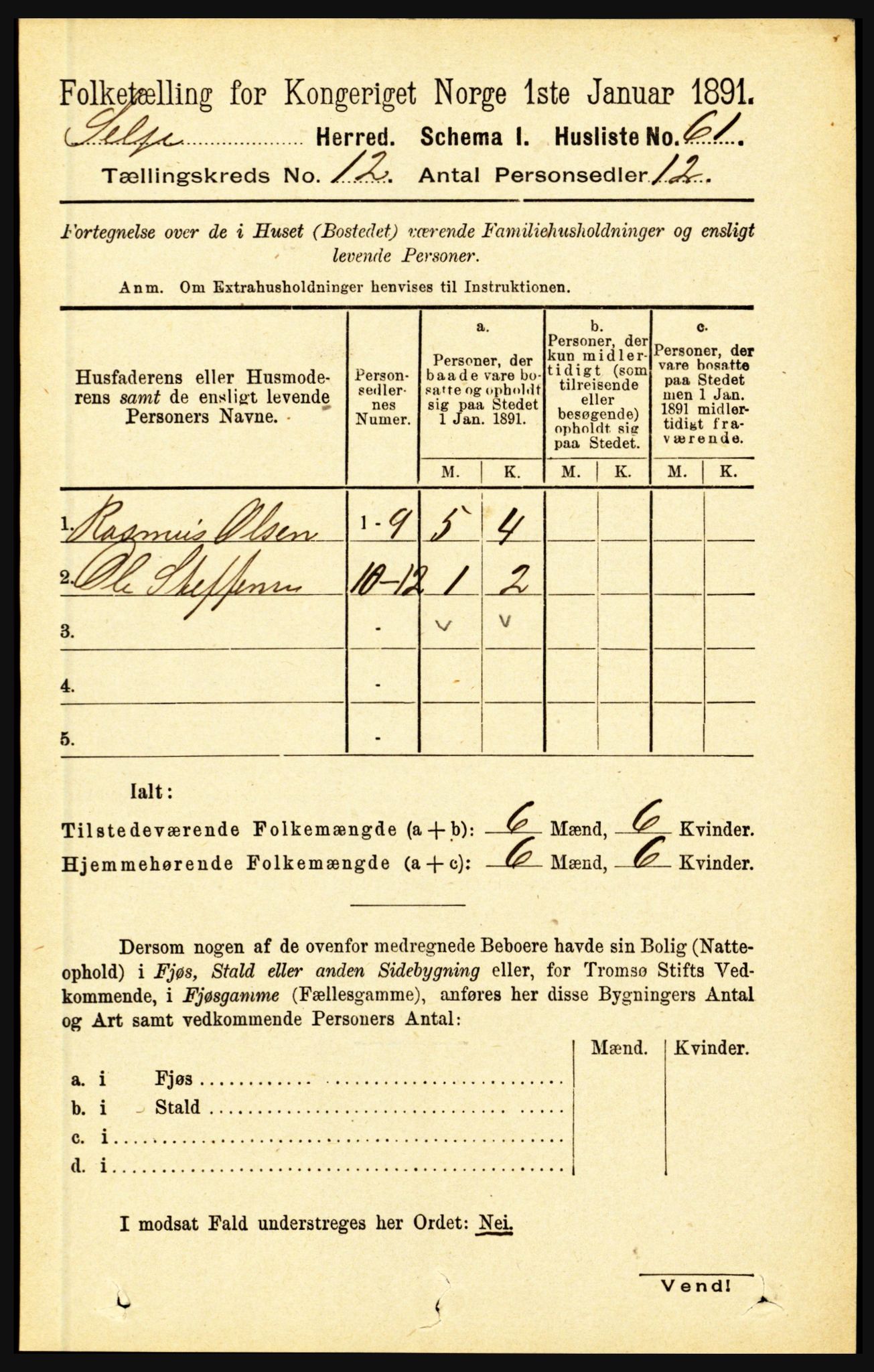 RA, 1891 census for 1441 Selje, 1891, p. 3684