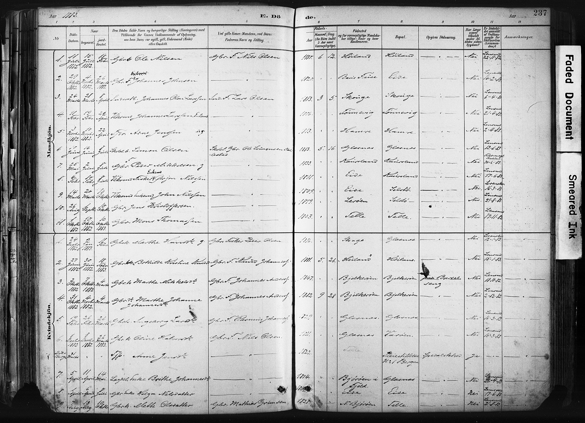 Sund sokneprestembete, SAB/A-99930: Parish register (official) no. B 1, 1882-1907, p. 237