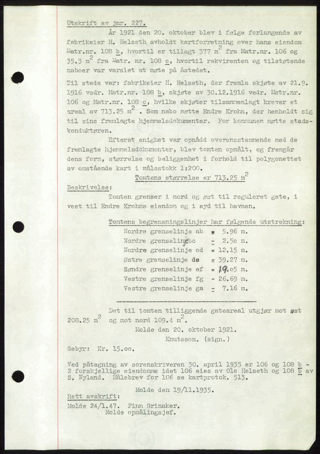 Romsdal sorenskriveri, AV/SAT-A-4149/1/2/2C: Mortgage book no. A24, 1947-1947, Diary no: : 3262/1947