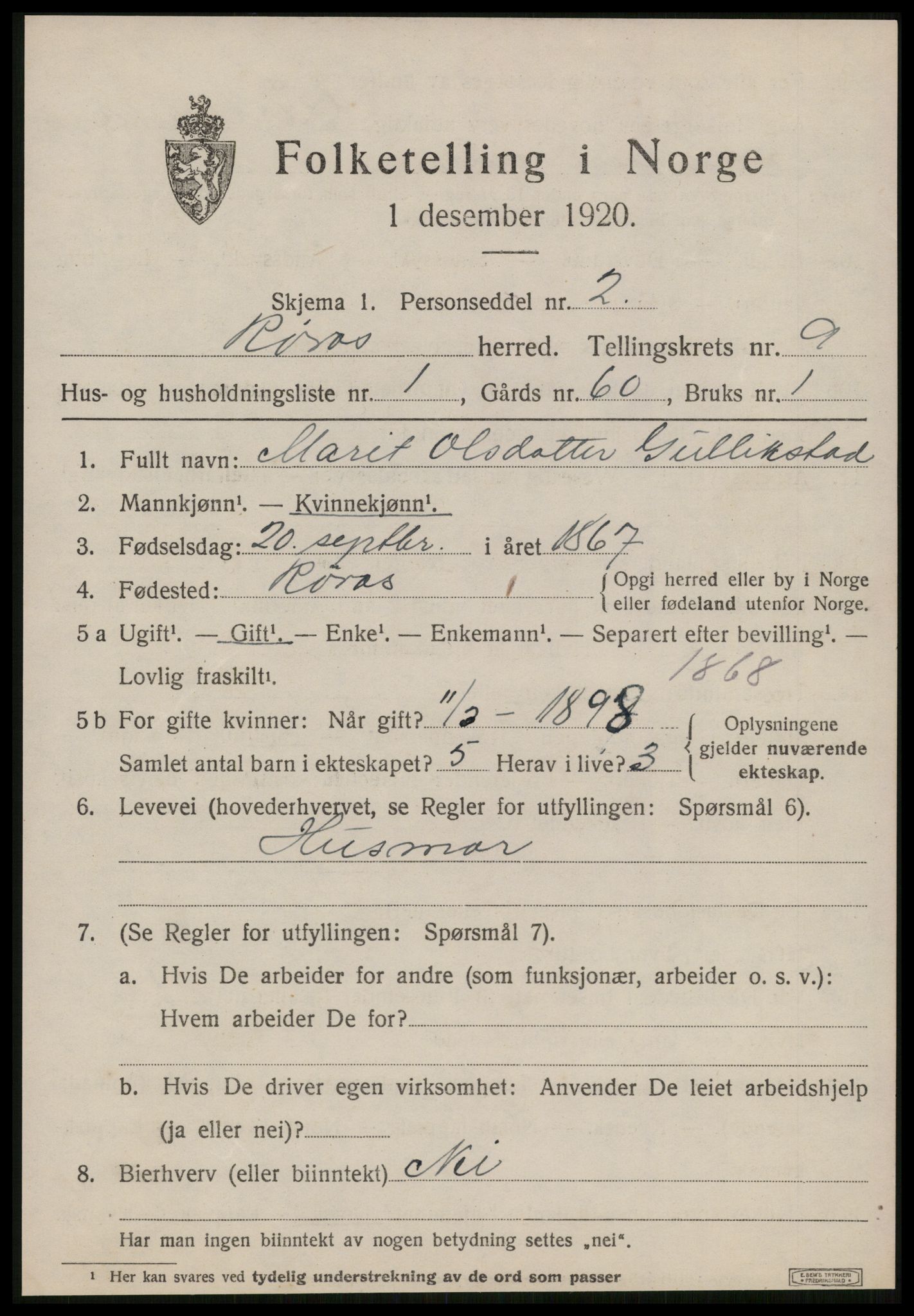 SAT, 1920 census for Røros, 1920, p. 7690