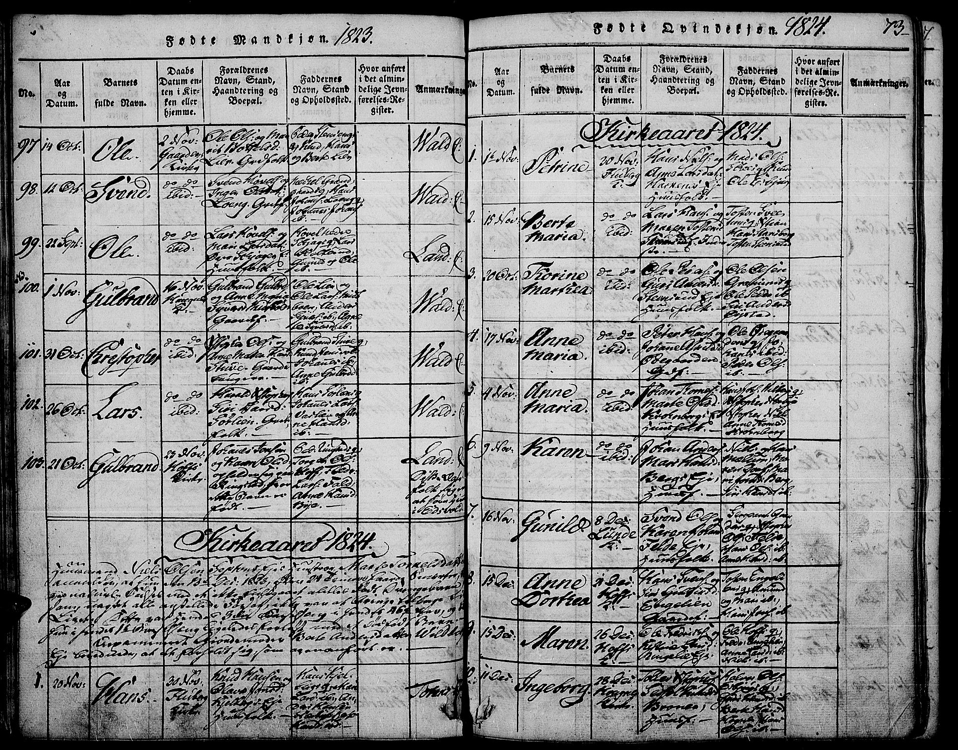 Land prestekontor, SAH/PREST-120/H/Ha/Haa/L0007: Parish register (official) no. 7, 1814-1830, p. 73