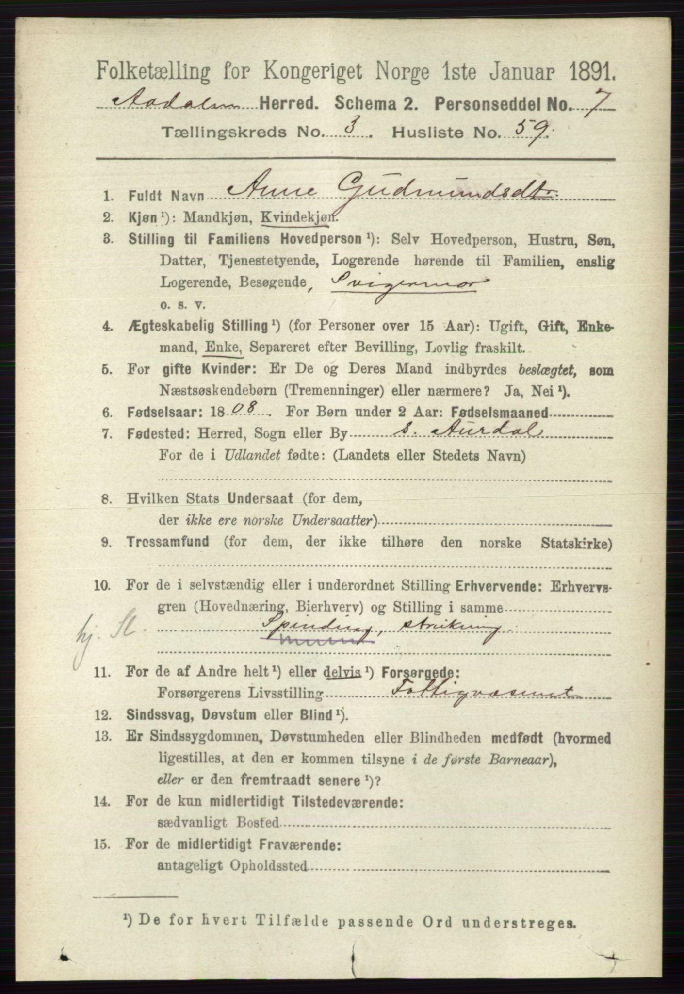 RA, 1891 census for 0614 Ådal, 1891, p. 1443