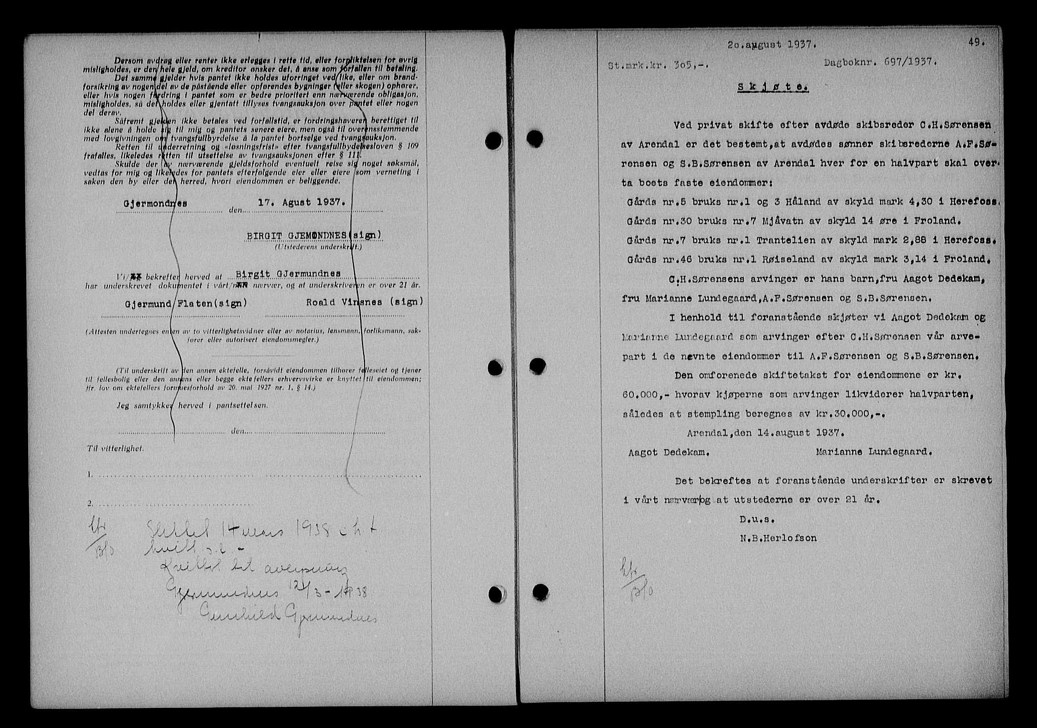Nedenes sorenskriveri, AV/SAK-1221-0006/G/Gb/Gba/L0044: Mortgage book no. 40, 1937-1938, Diary no: : 697/1937
