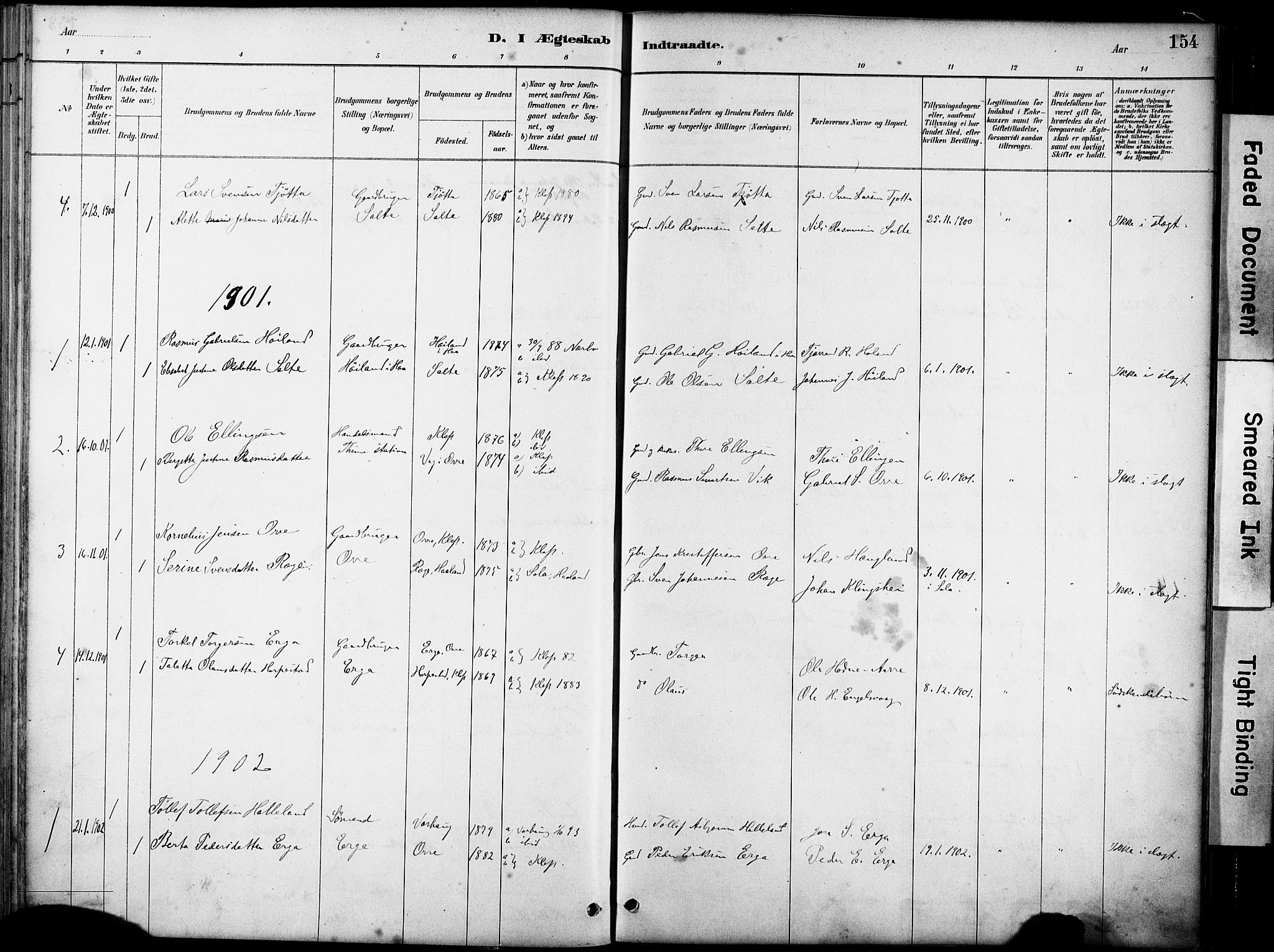 Klepp sokneprestkontor, SAST/A-101803/001/3/30BA/L0007: Parish register (official) no. A 8, 1886-1912, p. 154