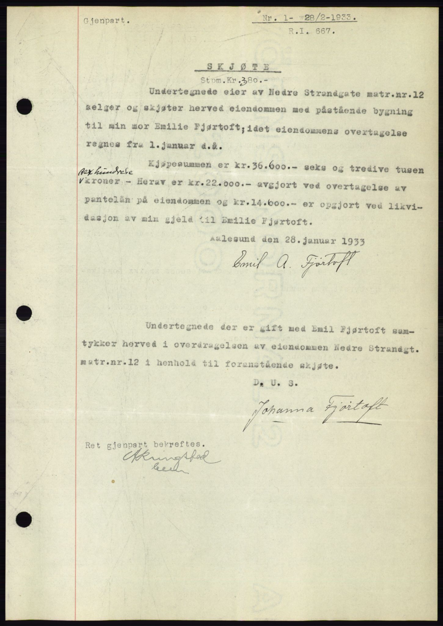 Ålesund byfogd, AV/SAT-A-4384: Mortgage book no. 30, 1932-1933, Deed date: 28.02.1933