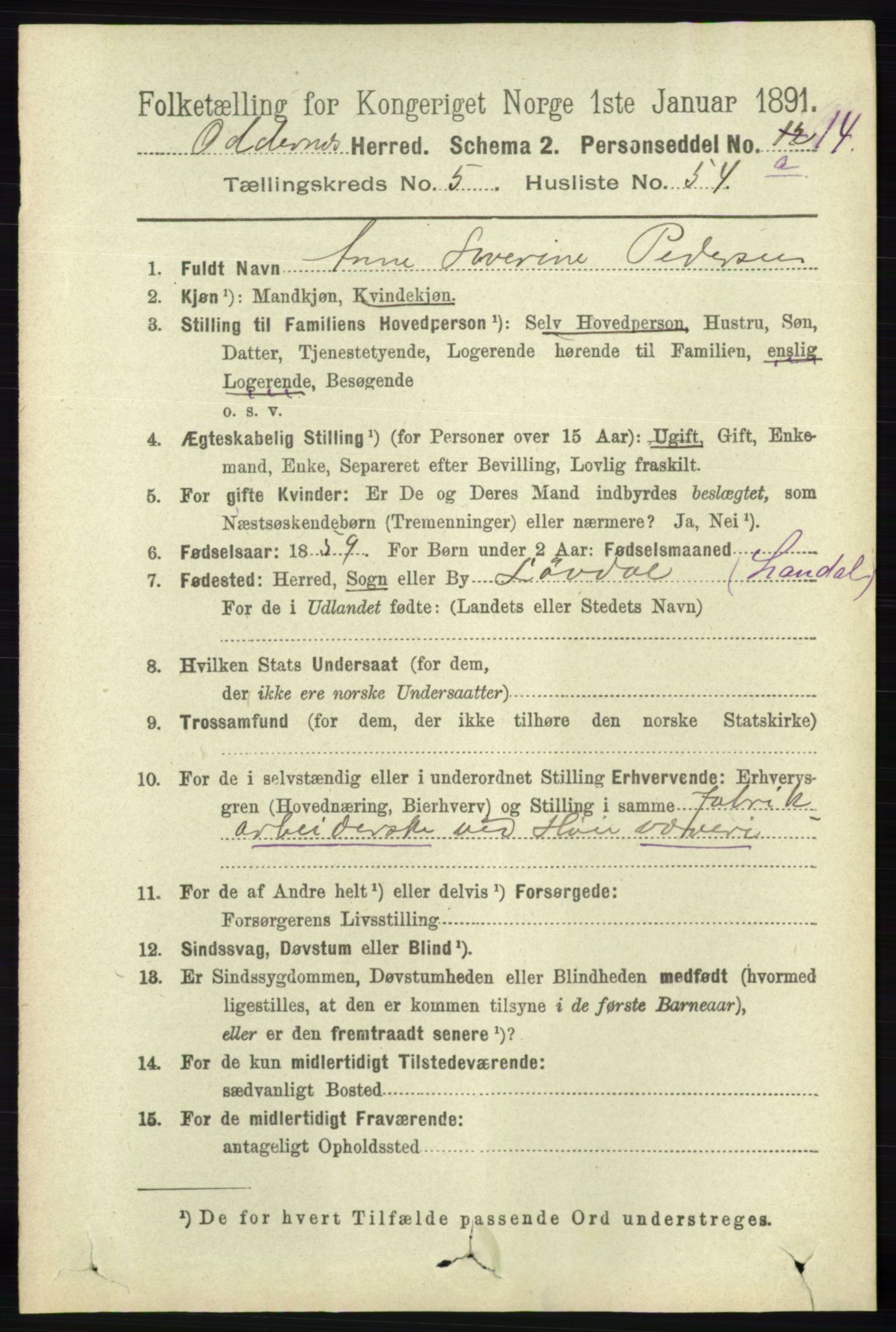 RA, 1891 census for 1012 Oddernes, 1891, p. 2147