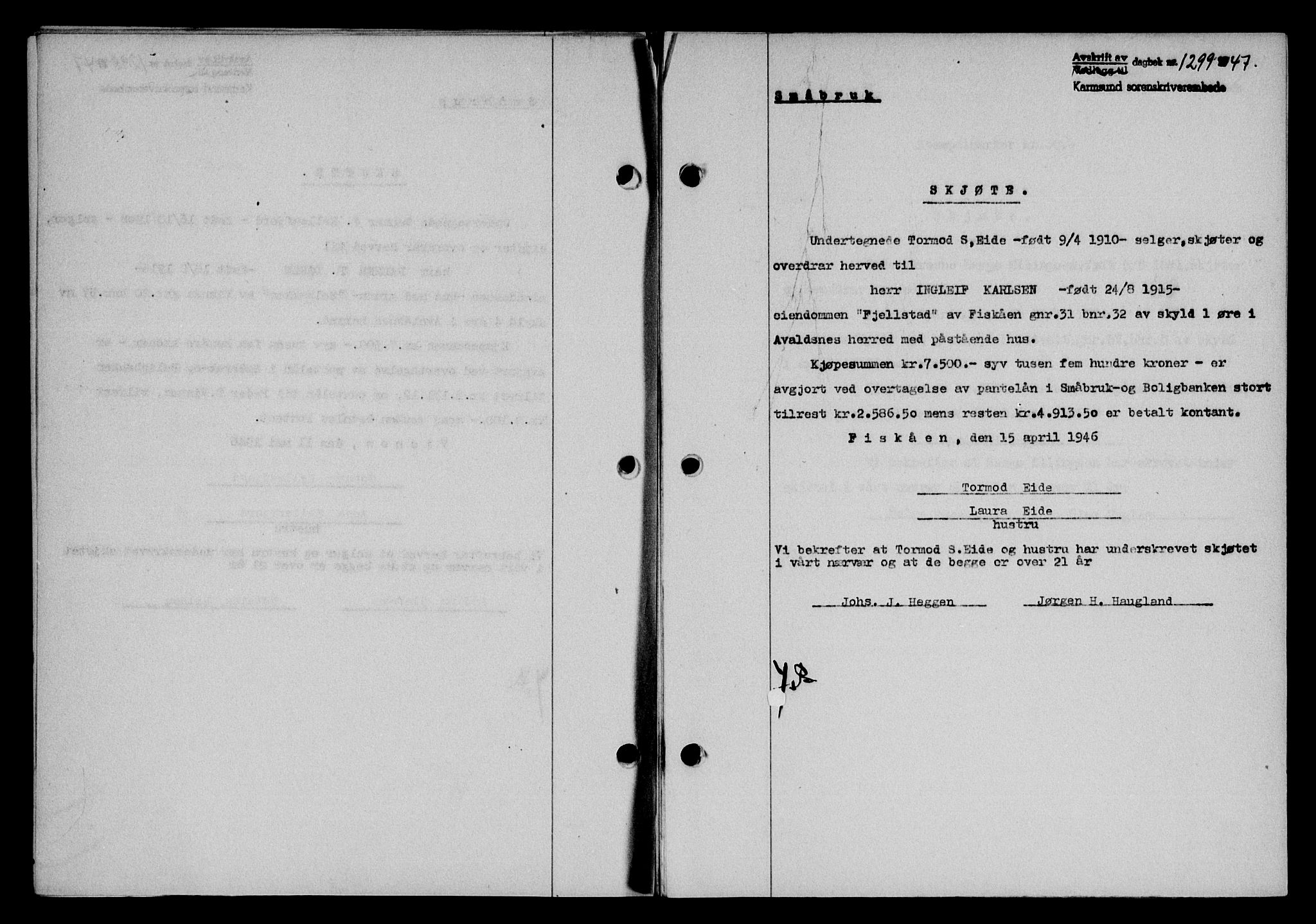 Karmsund sorenskriveri, SAST/A-100311/01/II/IIB/L0090: Mortgage book no. 70A, 1947-1947, Diary no: : 1299/1947