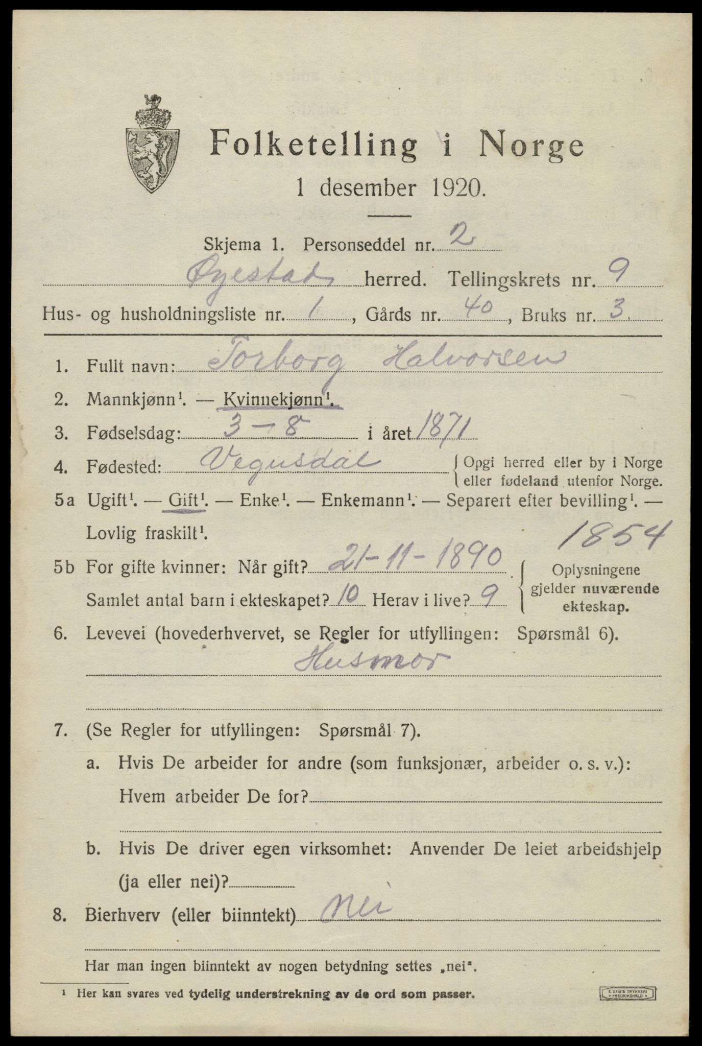 SAK, 1920 census for Øyestad, 1920, p. 5914