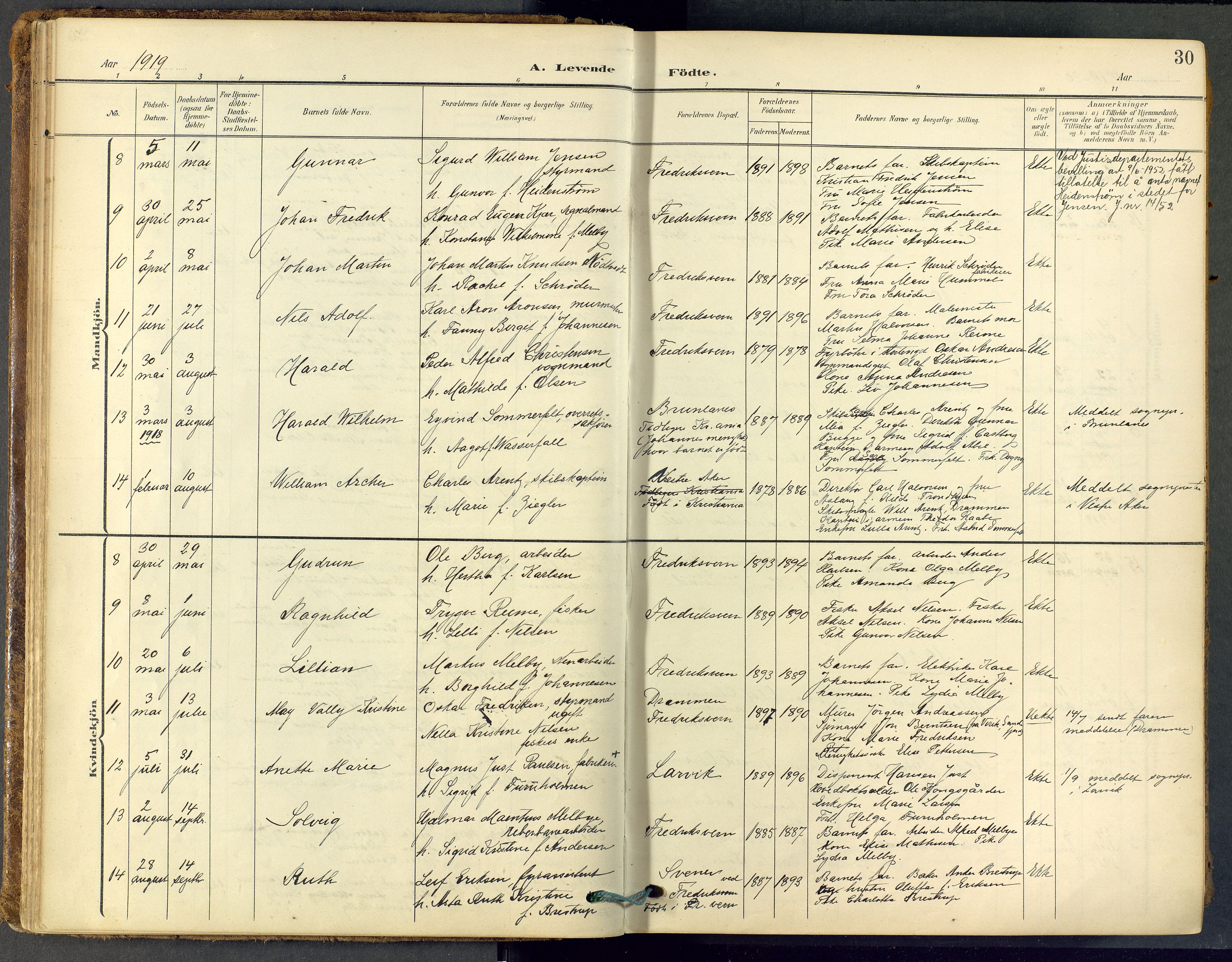 Stavern kirkebøker, SAKO/A-318/F/Fa/L0009: Parish register (official) no. 9, 1906-1955, p. 30