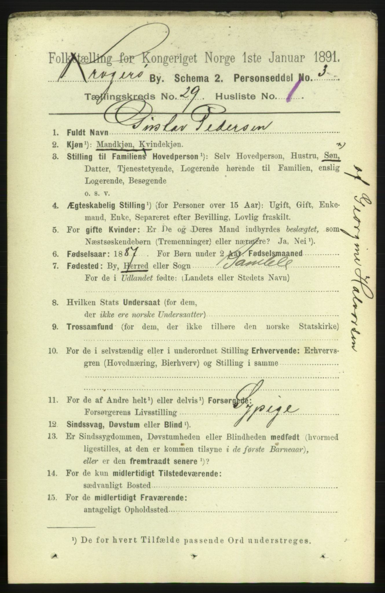 RA, 1891 census for 0801 Kragerø, 1891, p. 5484