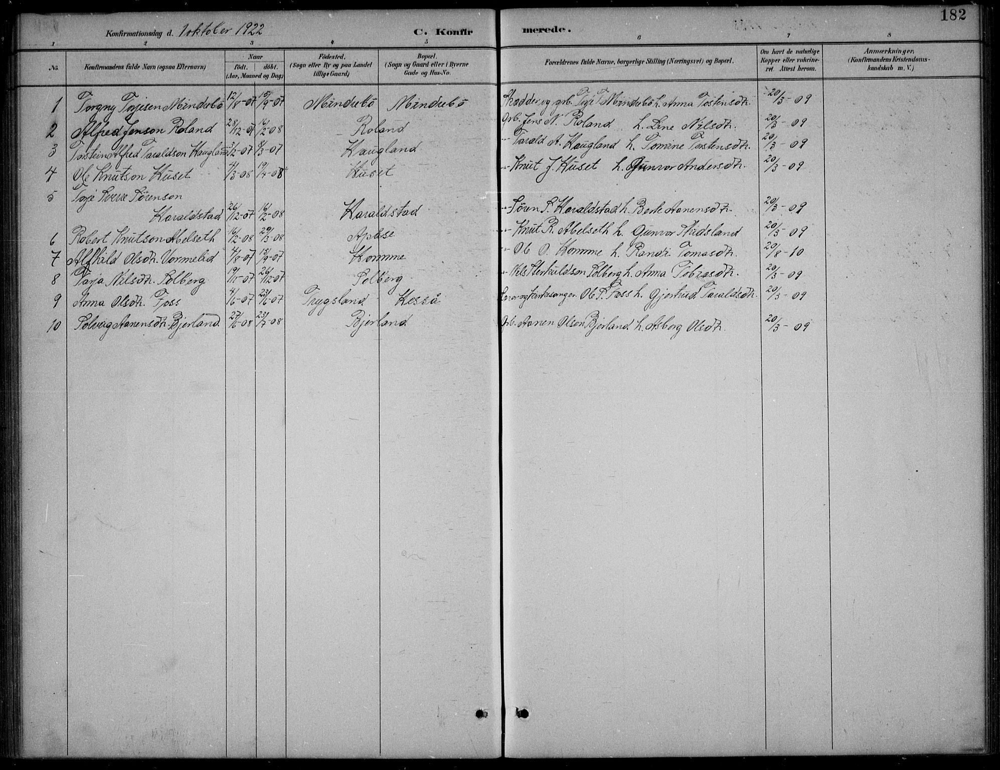 Bjelland sokneprestkontor, SAK/1111-0005/F/Fb/Fba/L0005: Parish register (copy) no. B 5, 1887-1923, p. 182