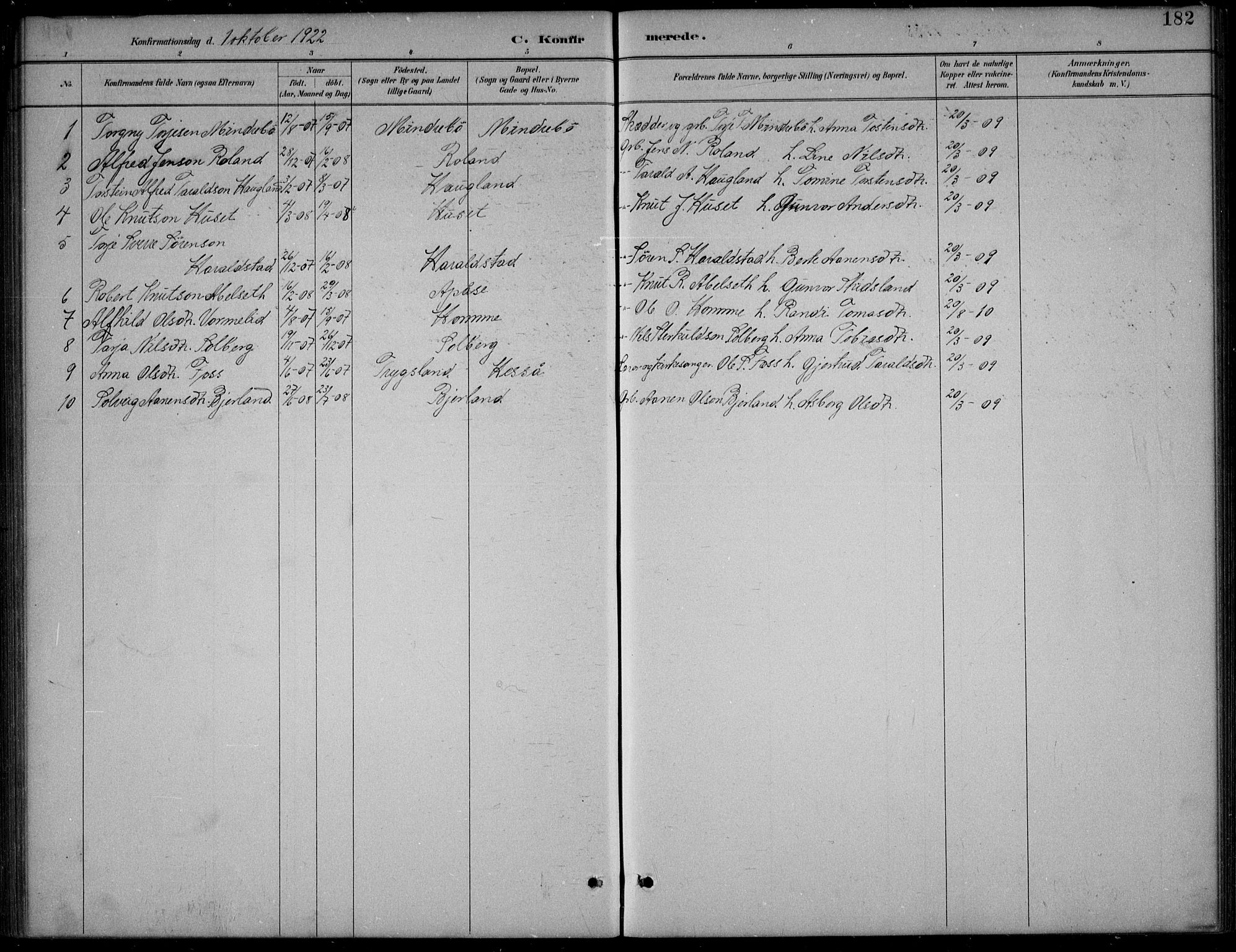 Bjelland sokneprestkontor, AV/SAK-1111-0005/F/Fb/Fba/L0005: Parish register (copy) no. B 5, 1887-1923, p. 182