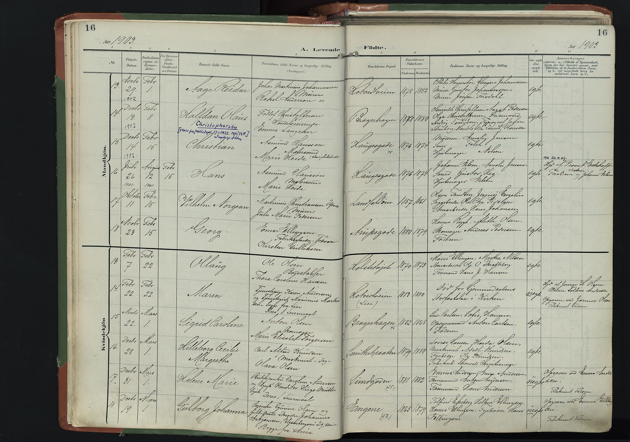 Bragernes kirkebøker, AV/SAKO-A-6/F/Fb/L0009: Parish register (official) no. II 9, 1902-1911, p. 16