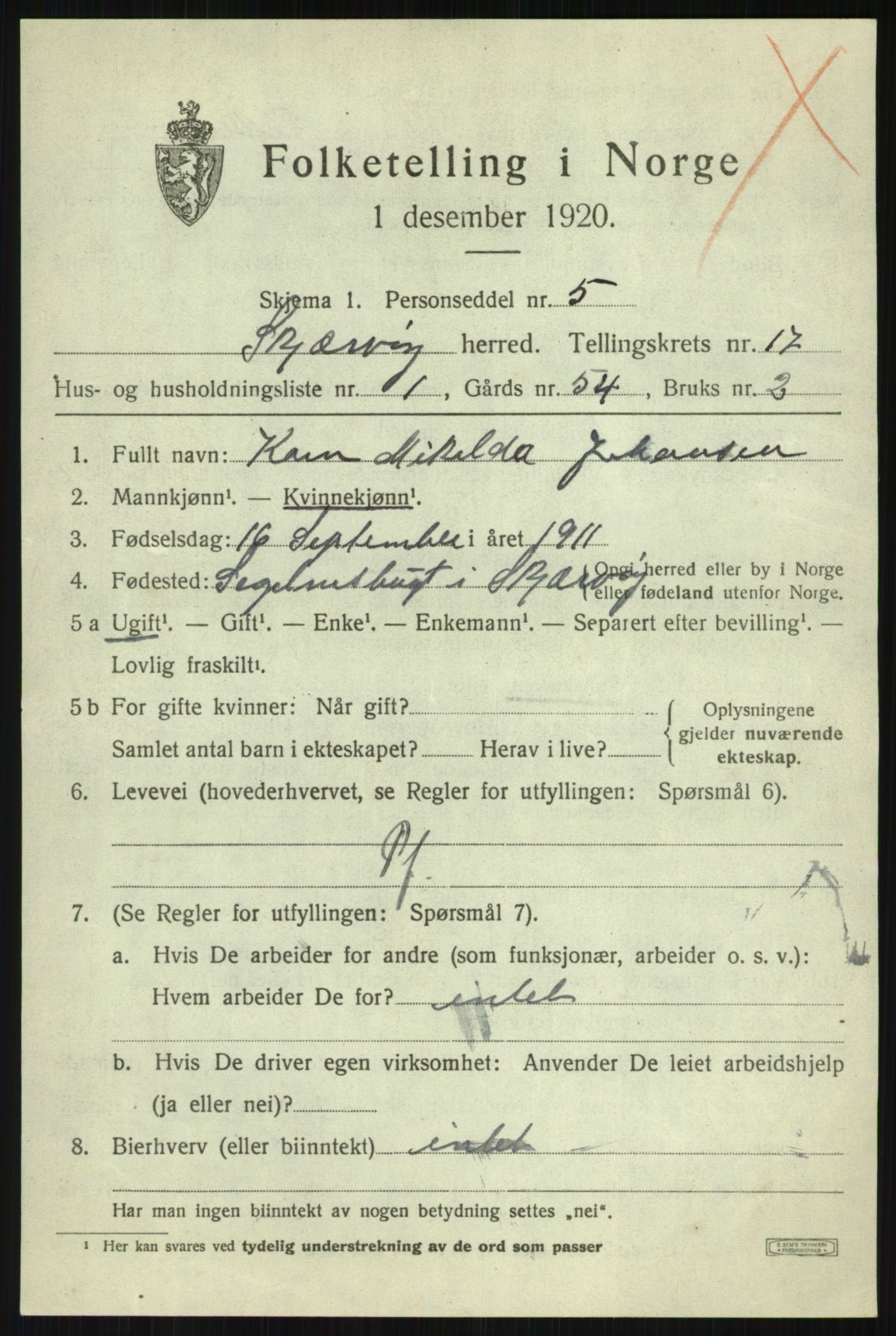 SATØ, 1920 census for Skjervøy, 1920, p. 8399